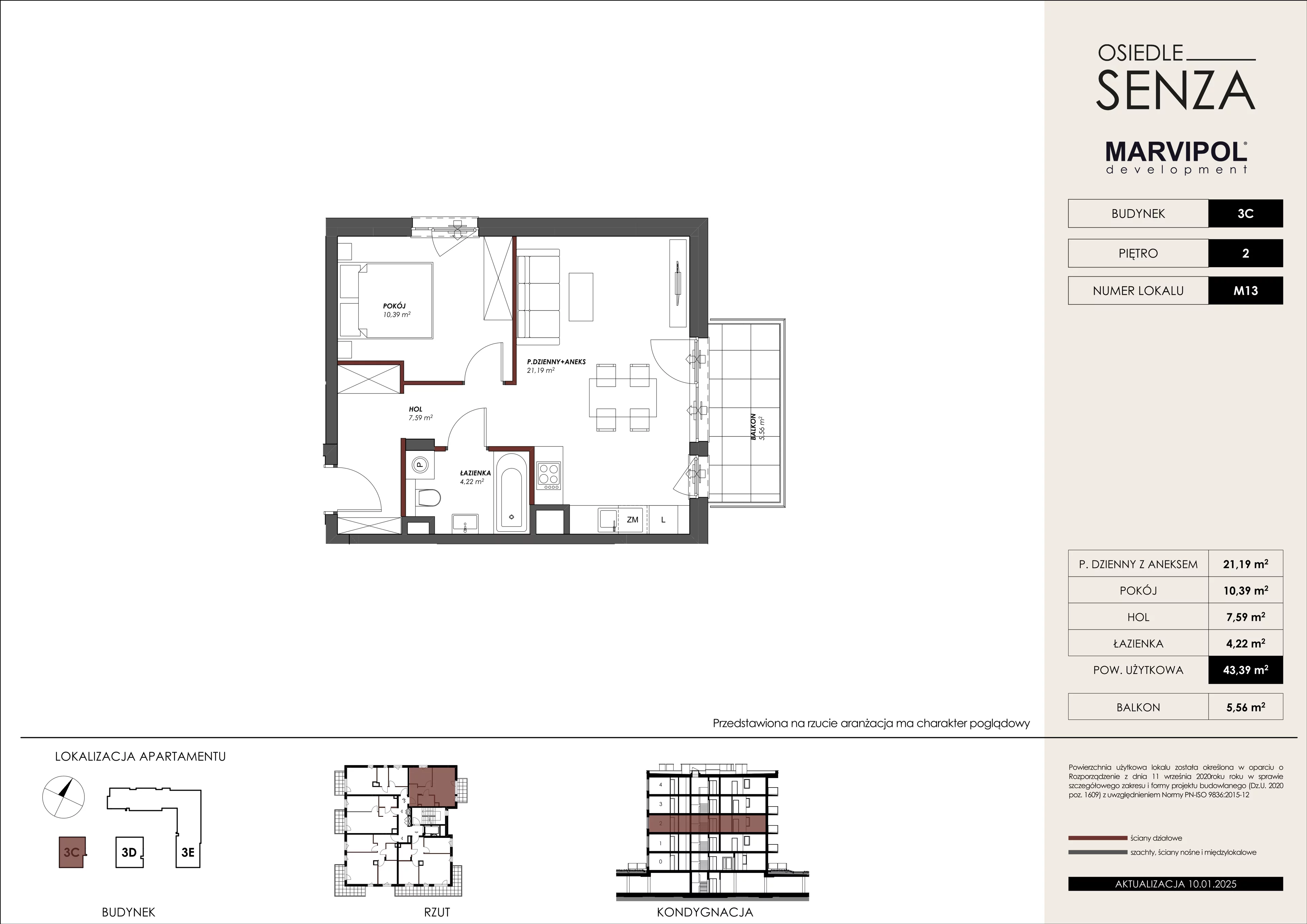 2 pokoje, mieszkanie 43,39 m², piętro 2, oferta nr 3C/M13, Osiedle Senza, Warszawa, Białołęka, Nowodwory, ul. Grzymalitów 3C, 3D, 3E