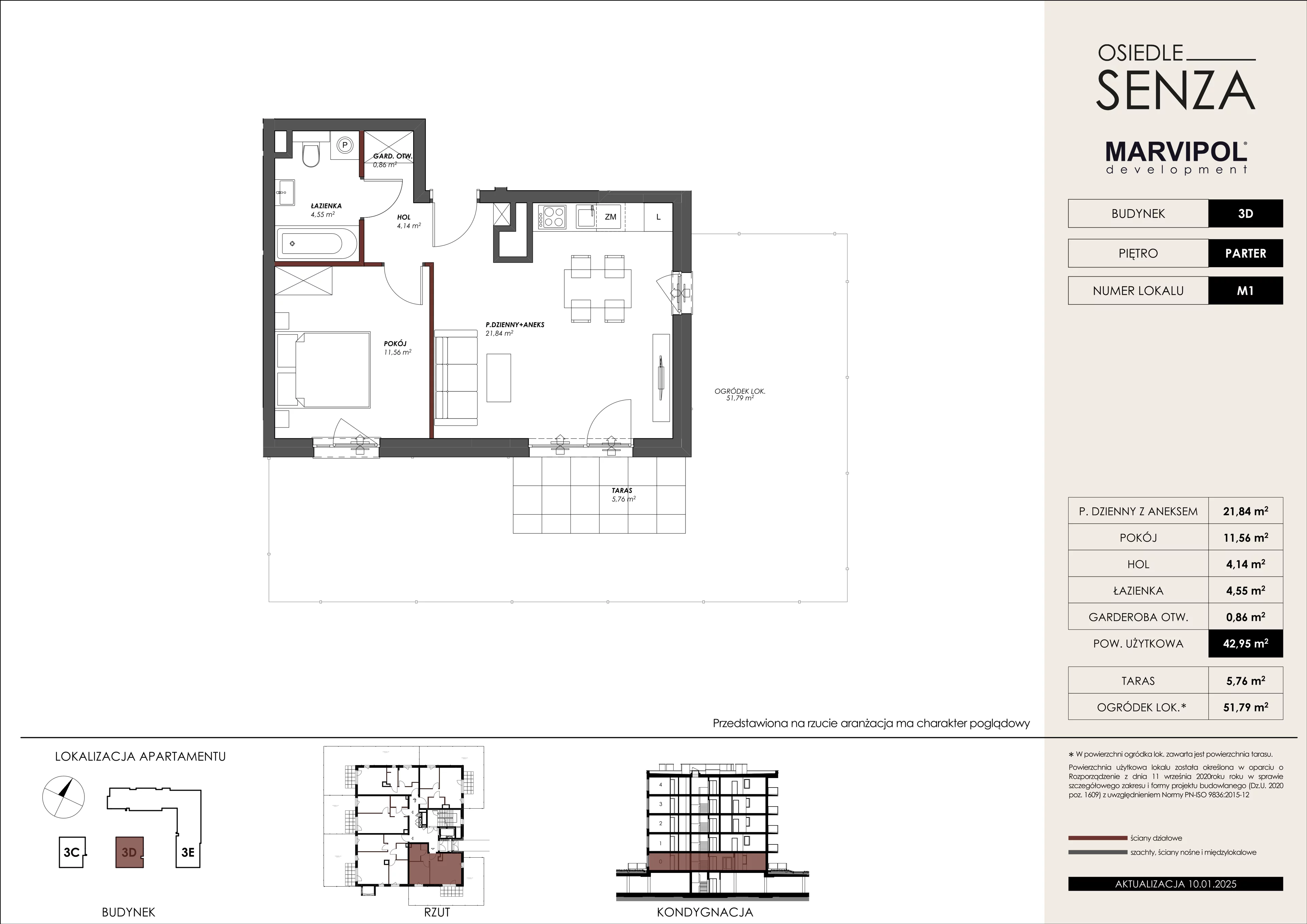 2 pokoje, mieszkanie 42,95 m², parter, oferta nr 3D/M01, Osiedle Senza, Warszawa, Białołęka, Nowodwory, ul. Grzymalitów 3C, 3D, 3E