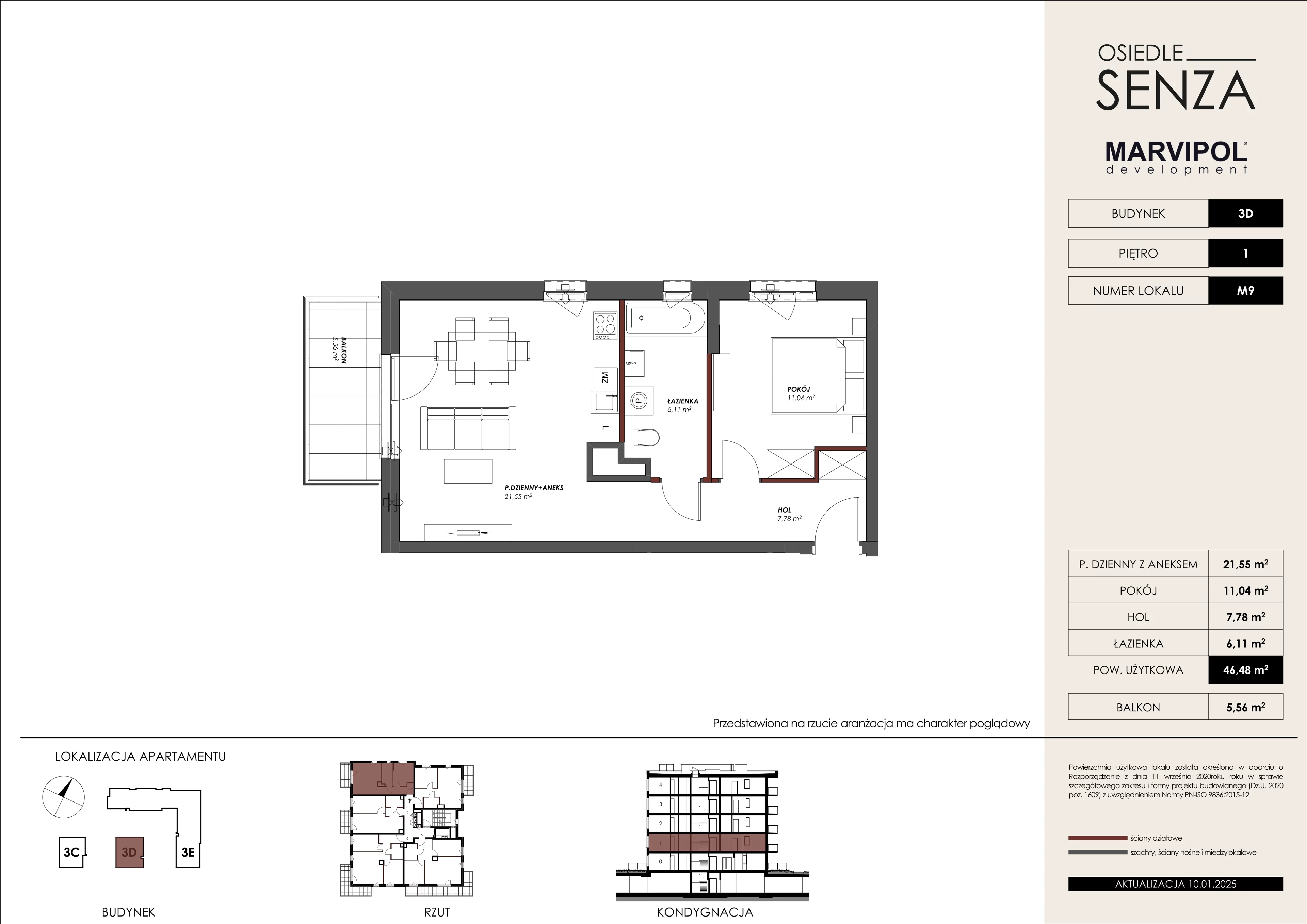 2 pokoje, mieszkanie 46,48 m², piętro 1, oferta nr 3D/M09, Osiedle Senza, Warszawa, Białołęka, Nowodwory, ul. Grzymalitów 3C, 3D, 3E