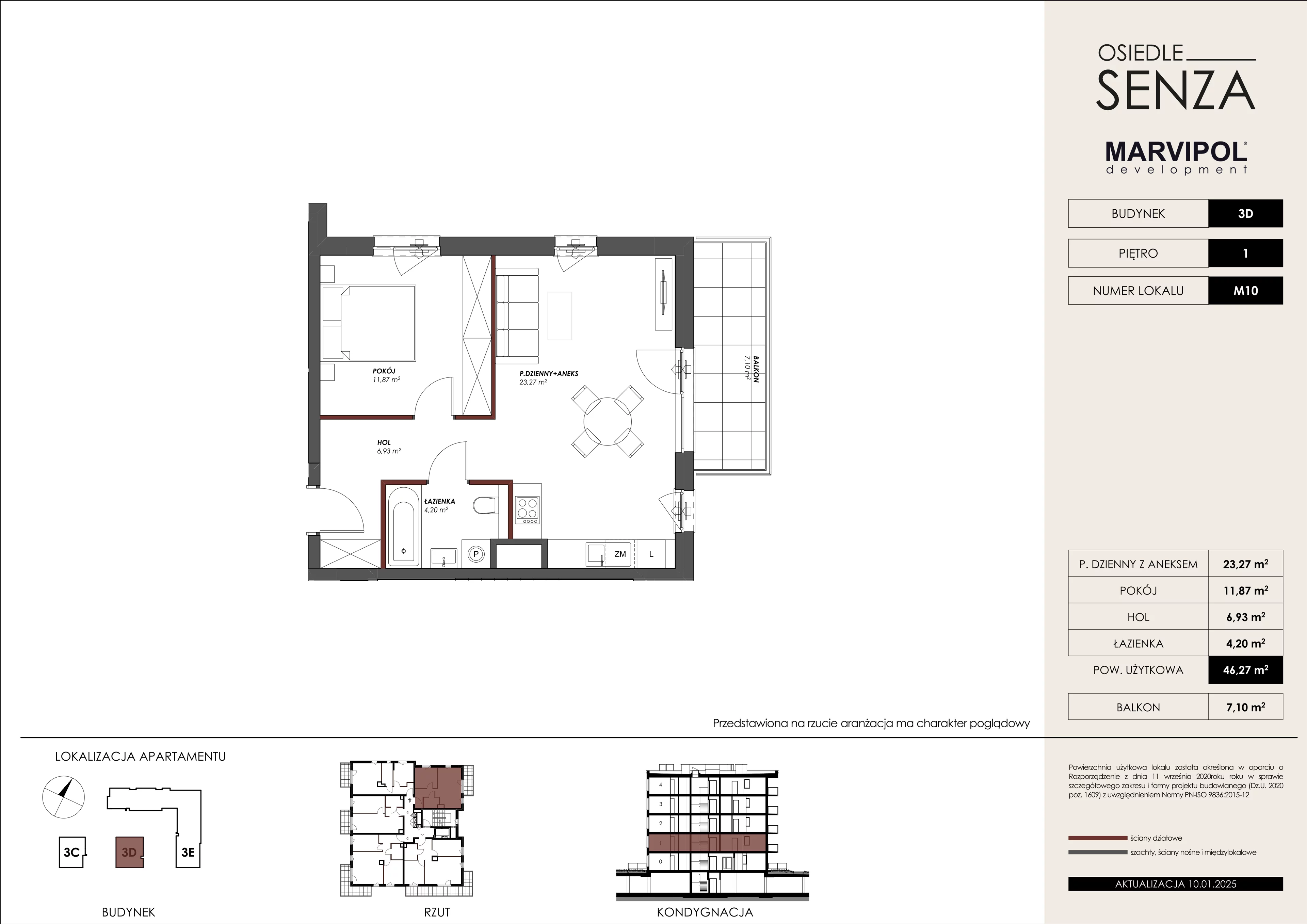 2 pokoje, mieszkanie 46,27 m², piętro 1, oferta nr 3D/M10, Osiedle Senza, Warszawa, Białołęka, Nowodwory, ul. Grzymalitów 3C, 3D, 3E