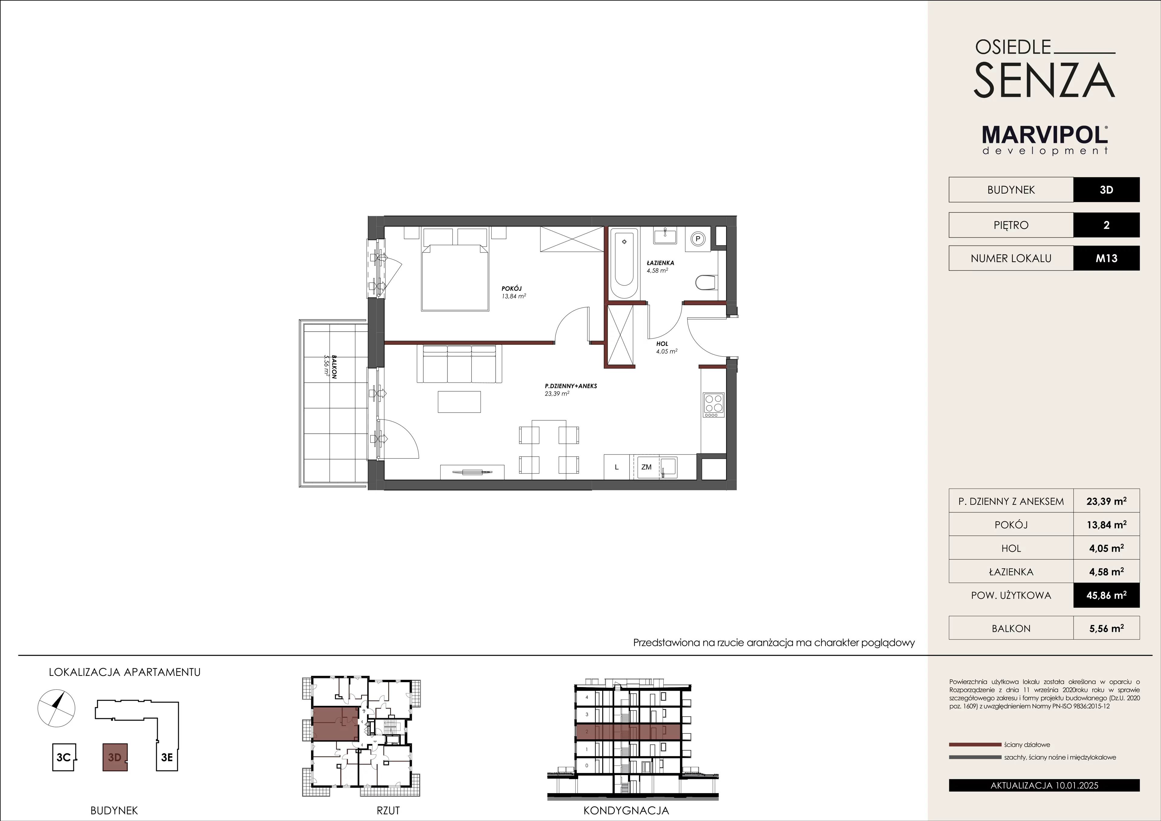 2 pokoje, mieszkanie 45,86 m², piętro 2, oferta nr 3D/M13, Osiedle Senza, Warszawa, Białołęka, Nowodwory, ul. Grzymalitów 3C, 3D, 3E