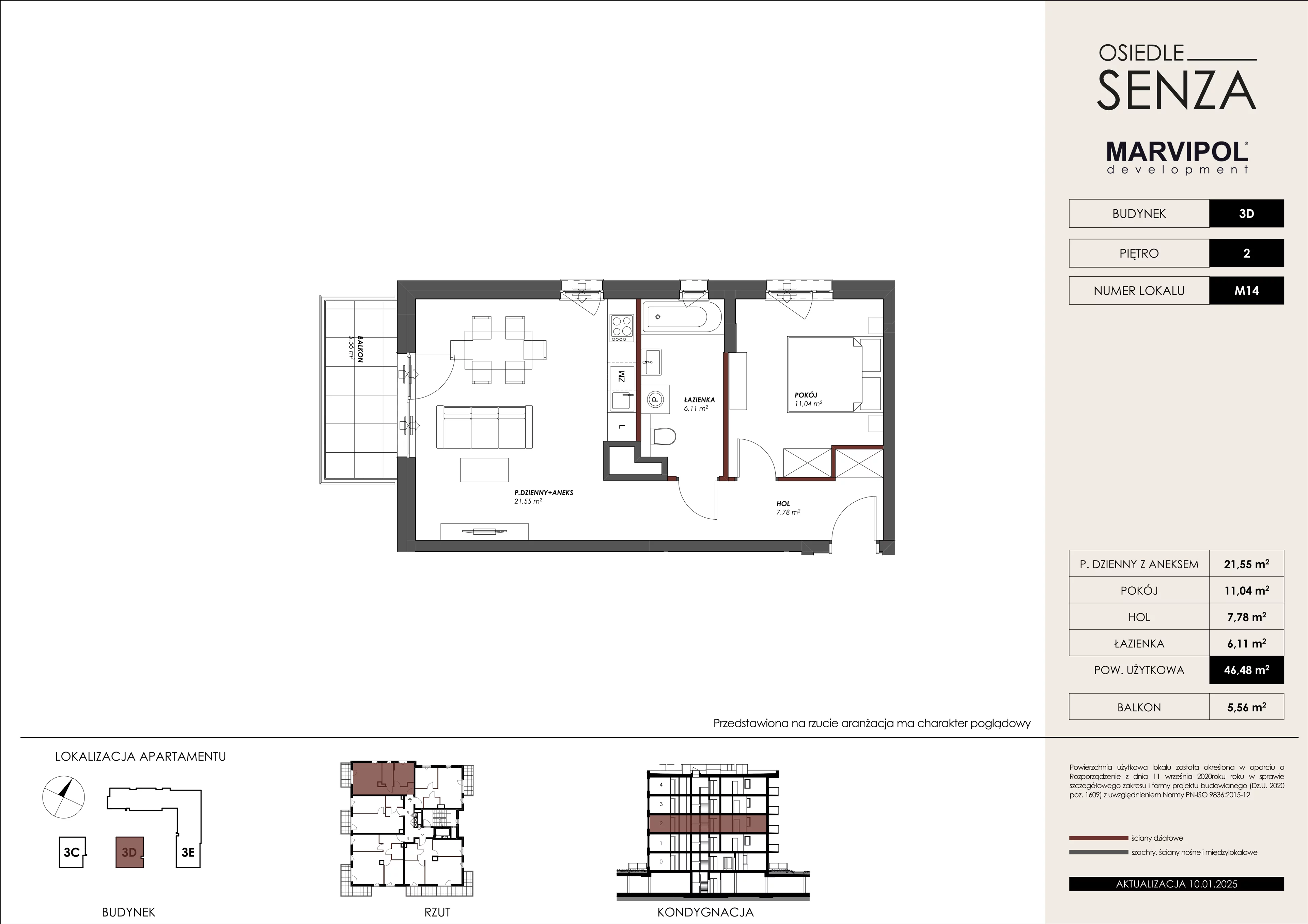 2 pokoje, mieszkanie 46,48 m², piętro 2, oferta nr 3D/M14, Osiedle Senza, Warszawa, Białołęka, Nowodwory, ul. Grzymalitów 3C, 3D, 3E