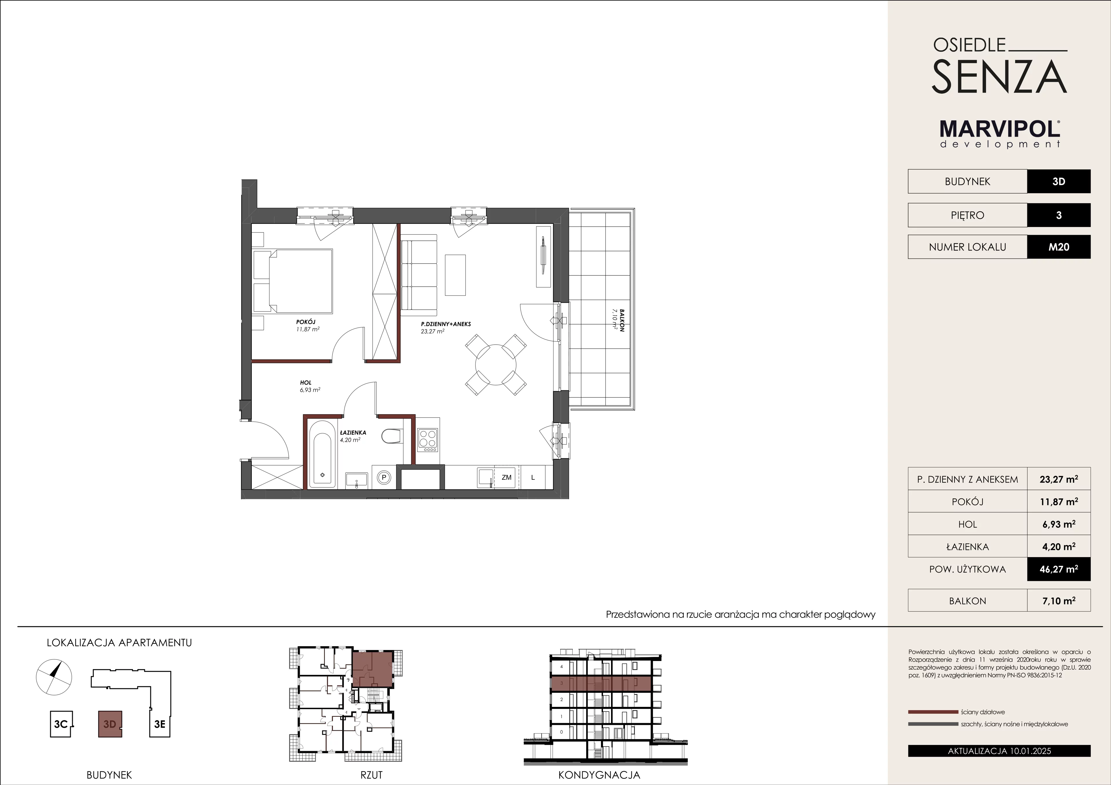 2 pokoje, mieszkanie 46,27 m², piętro 3, oferta nr 3D/M20, Osiedle Senza, Warszawa, Białołęka, Nowodwory, ul. Grzymalitów 3C, 3D, 3E