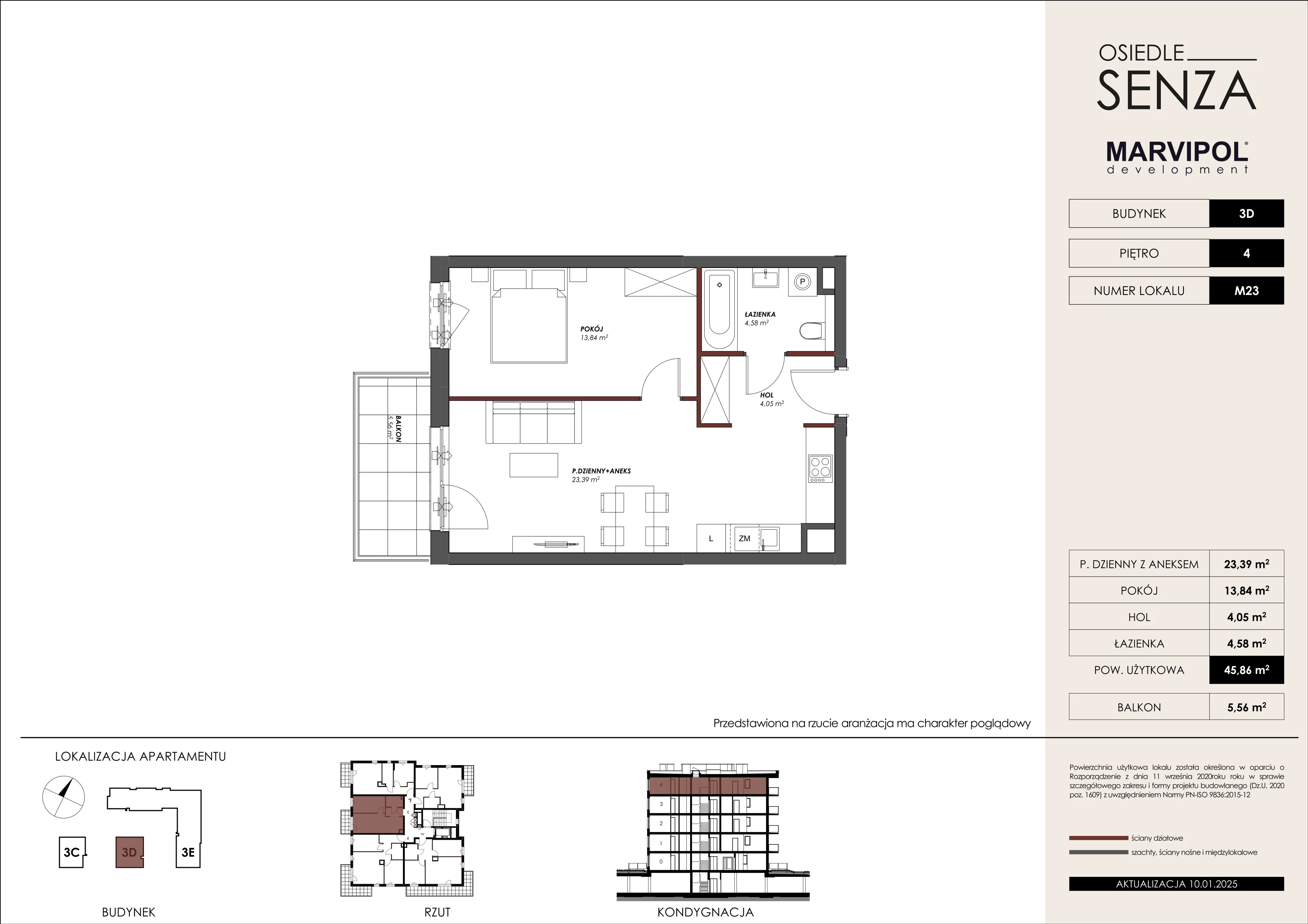 2 pokoje, mieszkanie 45,86 m², piętro 4, oferta nr 3D/M23, Osiedle Senza, Warszawa, Białołęka, Nowodwory, ul. Grzymalitów 3C, 3D, 3E