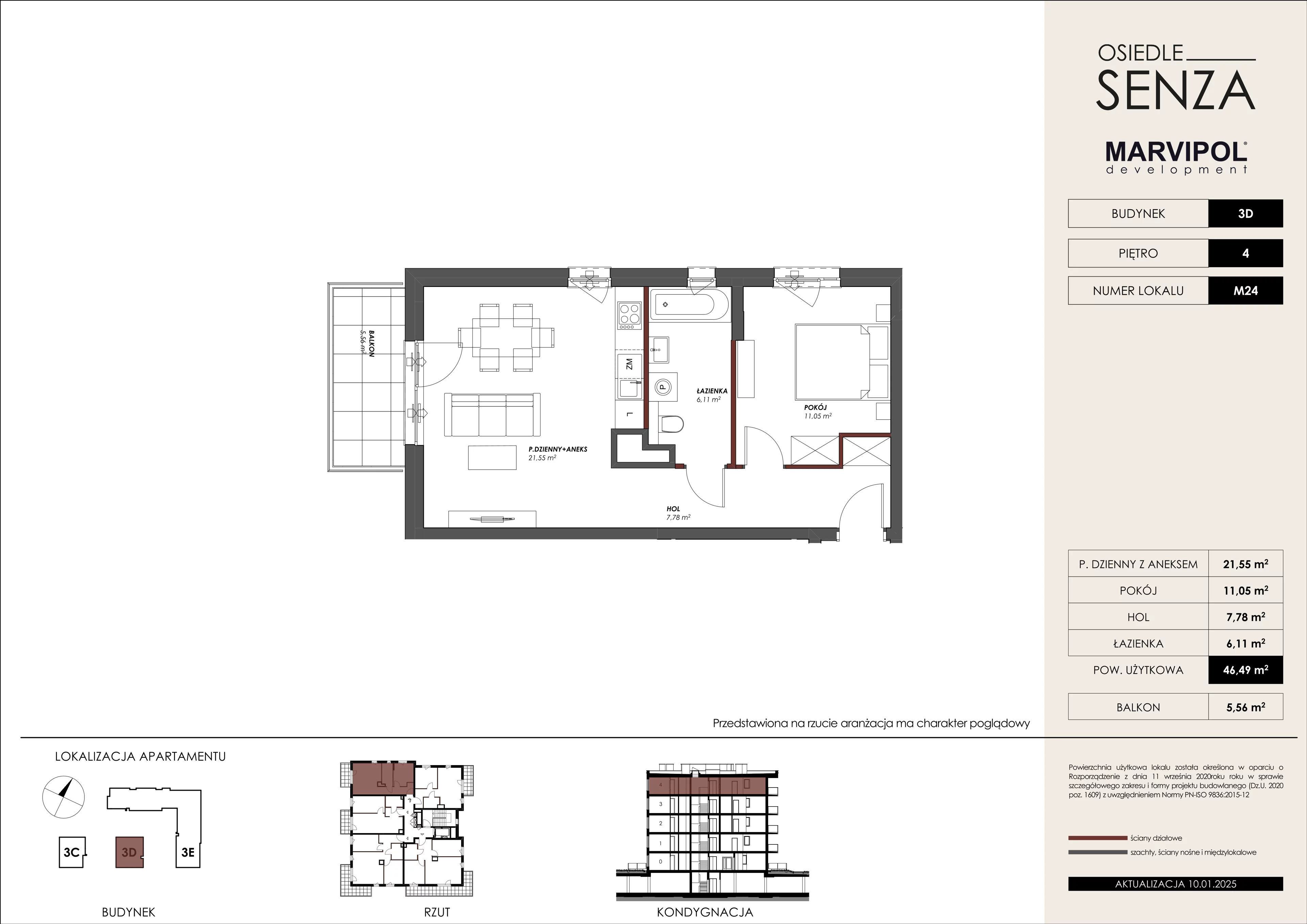 2 pokoje, mieszkanie 46,48 m², piętro 4, oferta nr 3D/M24, Osiedle Senza, Warszawa, Białołęka, Nowodwory, ul. Grzymalitów 3C, 3D, 3E