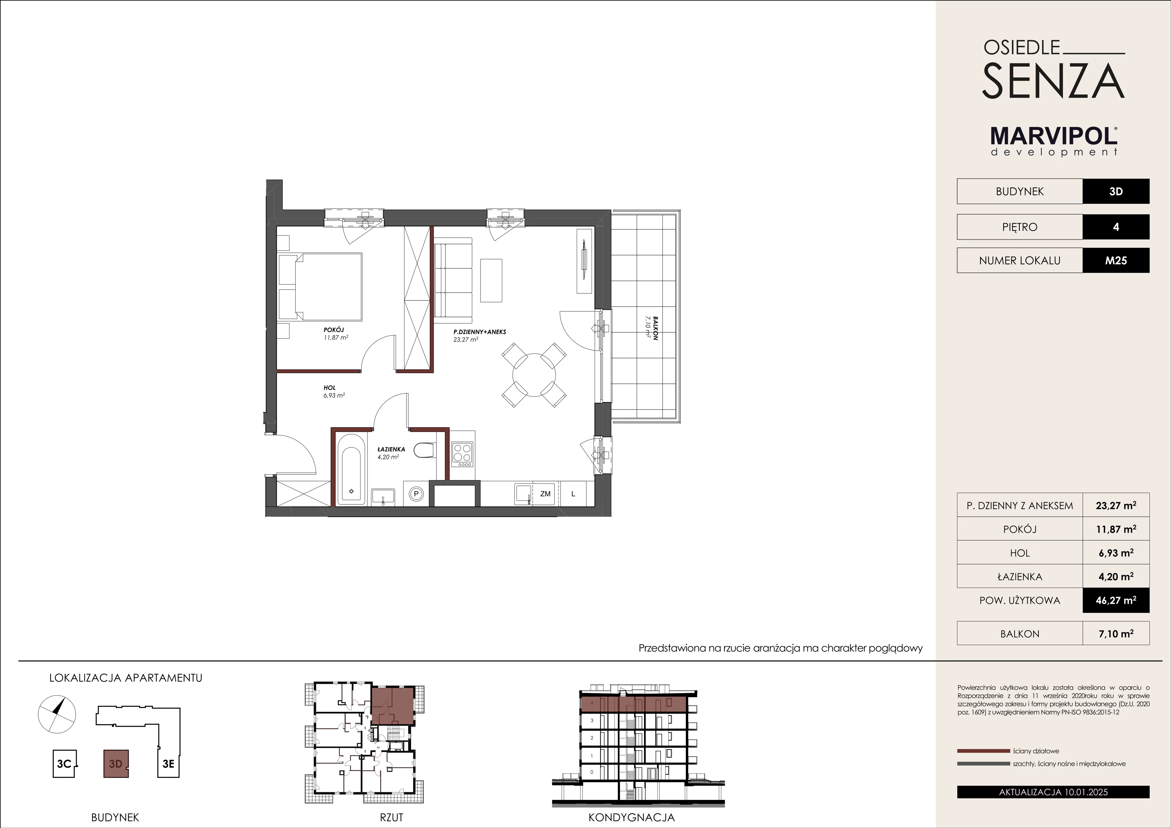 2 pokoje, mieszkanie 46,27 m², piętro 4, oferta nr 3D/M25, Osiedle Senza, Warszawa, Białołęka, Nowodwory, ul. Grzymalitów 3C, 3D, 3E