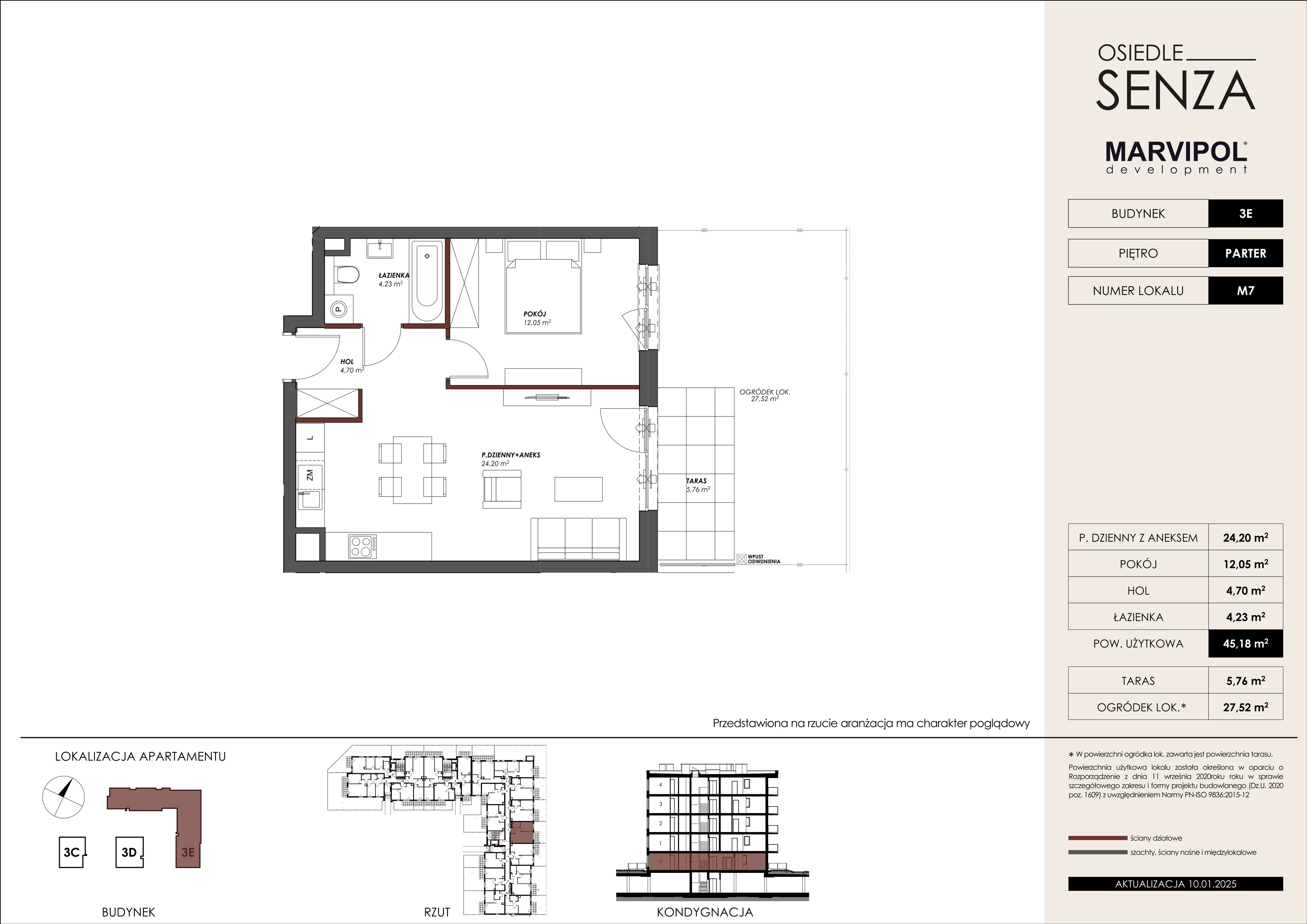 2 pokoje, mieszkanie 45,18 m², parter, oferta nr 3E/M07, Osiedle Senza, Warszawa, Białołęka, Nowodwory, ul. Grzymalitów 3C, 3D, 3E