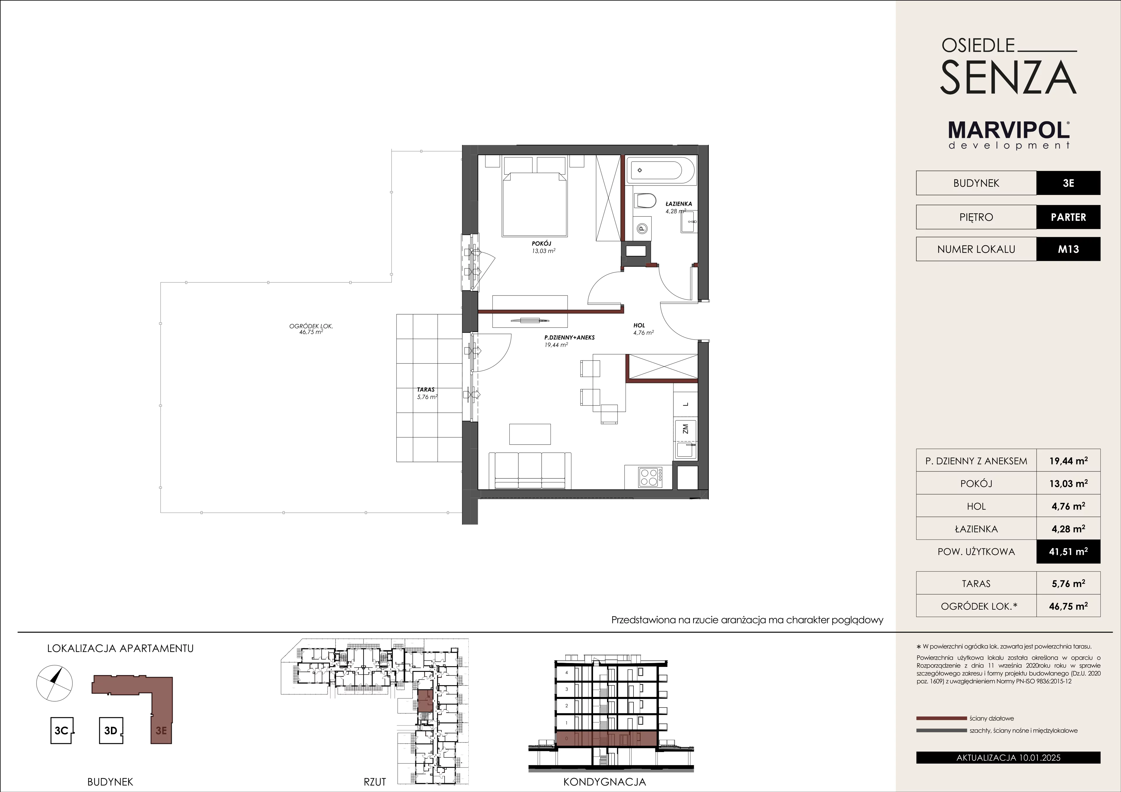 2 pokoje, mieszkanie 41,51 m², parter, oferta nr 3E/M13, Osiedle Senza, Warszawa, Białołęka, Nowodwory, ul. Grzymalitów 3C, 3D, 3E