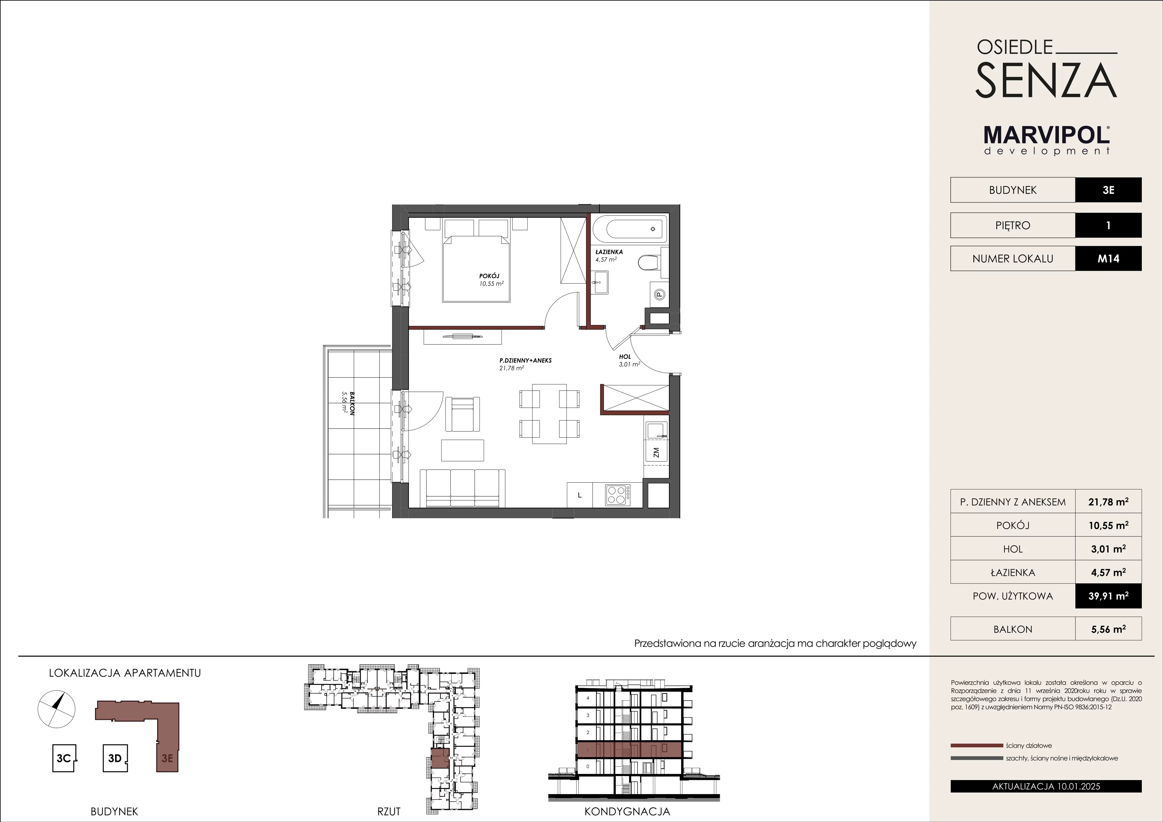 2 pokoje, mieszkanie 39,91 m², piętro 1, oferta nr 3E/M14, Osiedle Senza, Warszawa, Białołęka, Nowodwory, ul. Grzymalitów 3C, 3D, 3E