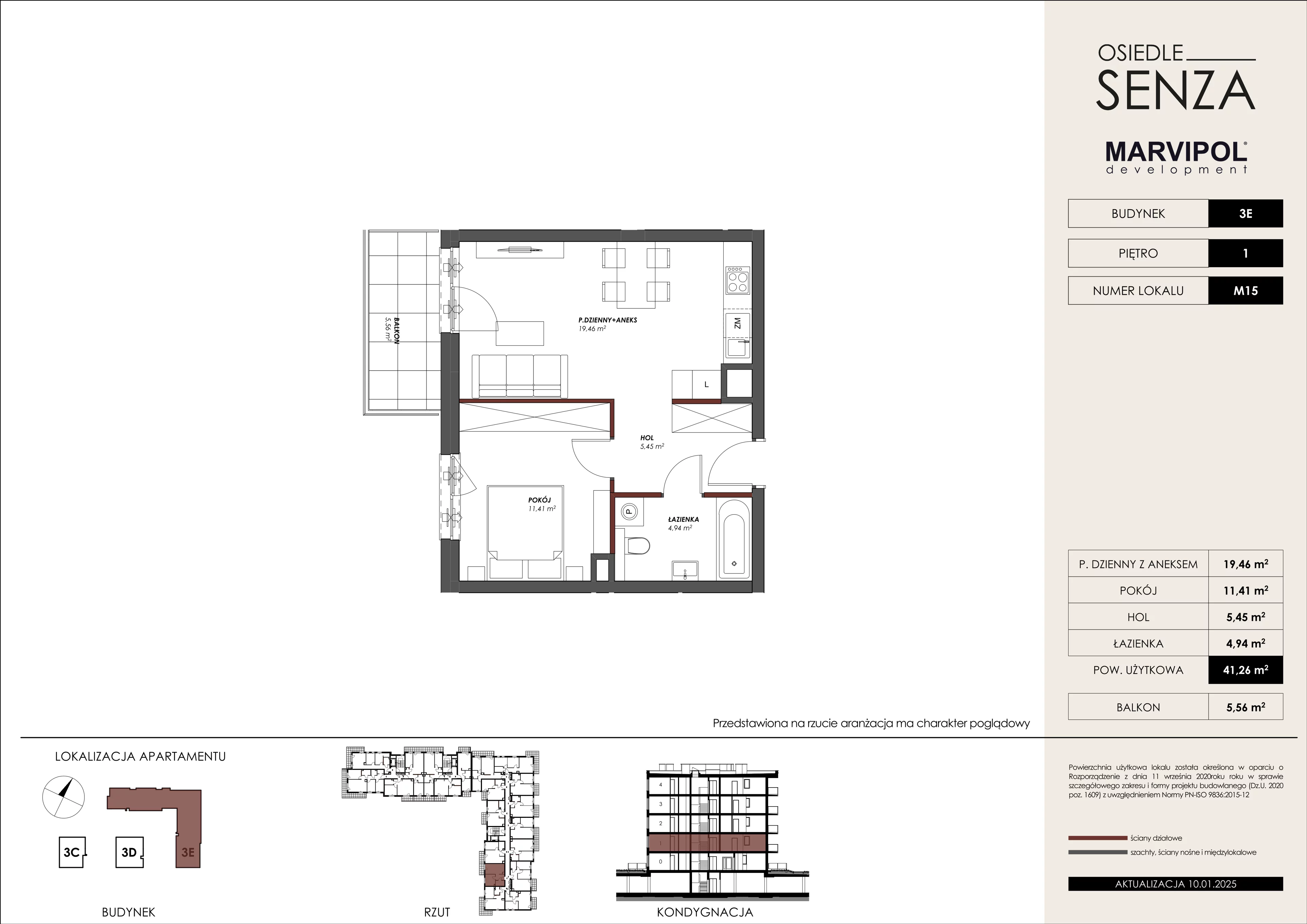 2 pokoje, mieszkanie 41,26 m², piętro 1, oferta nr 3E/M15, Osiedle Senza, Warszawa, Białołęka, Nowodwory, ul. Grzymalitów 3C, 3D, 3E