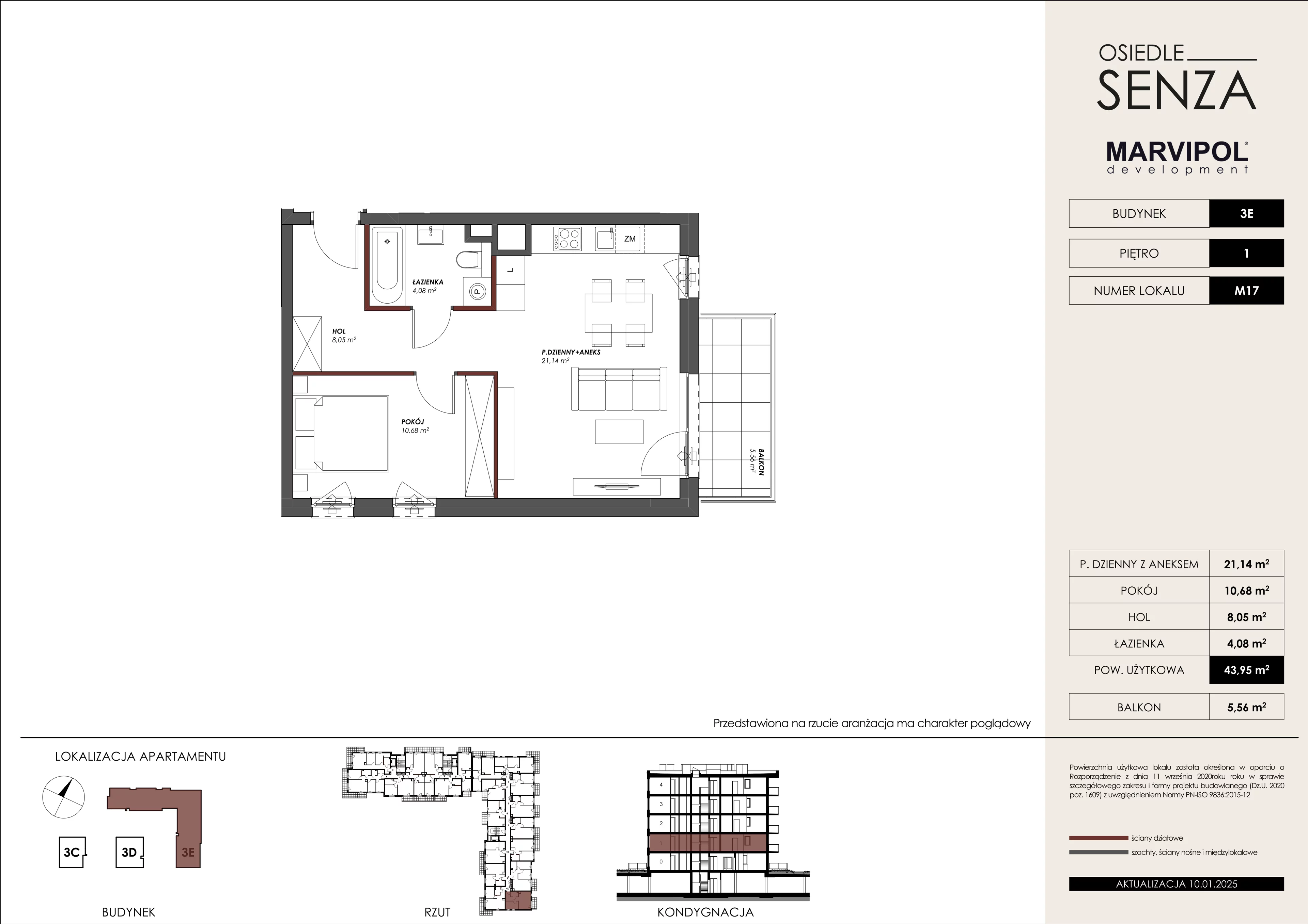 2 pokoje, mieszkanie 43,95 m², piętro 1, oferta nr 3E/M17, Osiedle Senza, Warszawa, Białołęka, Nowodwory, ul. Grzymalitów 3C, 3D, 3E