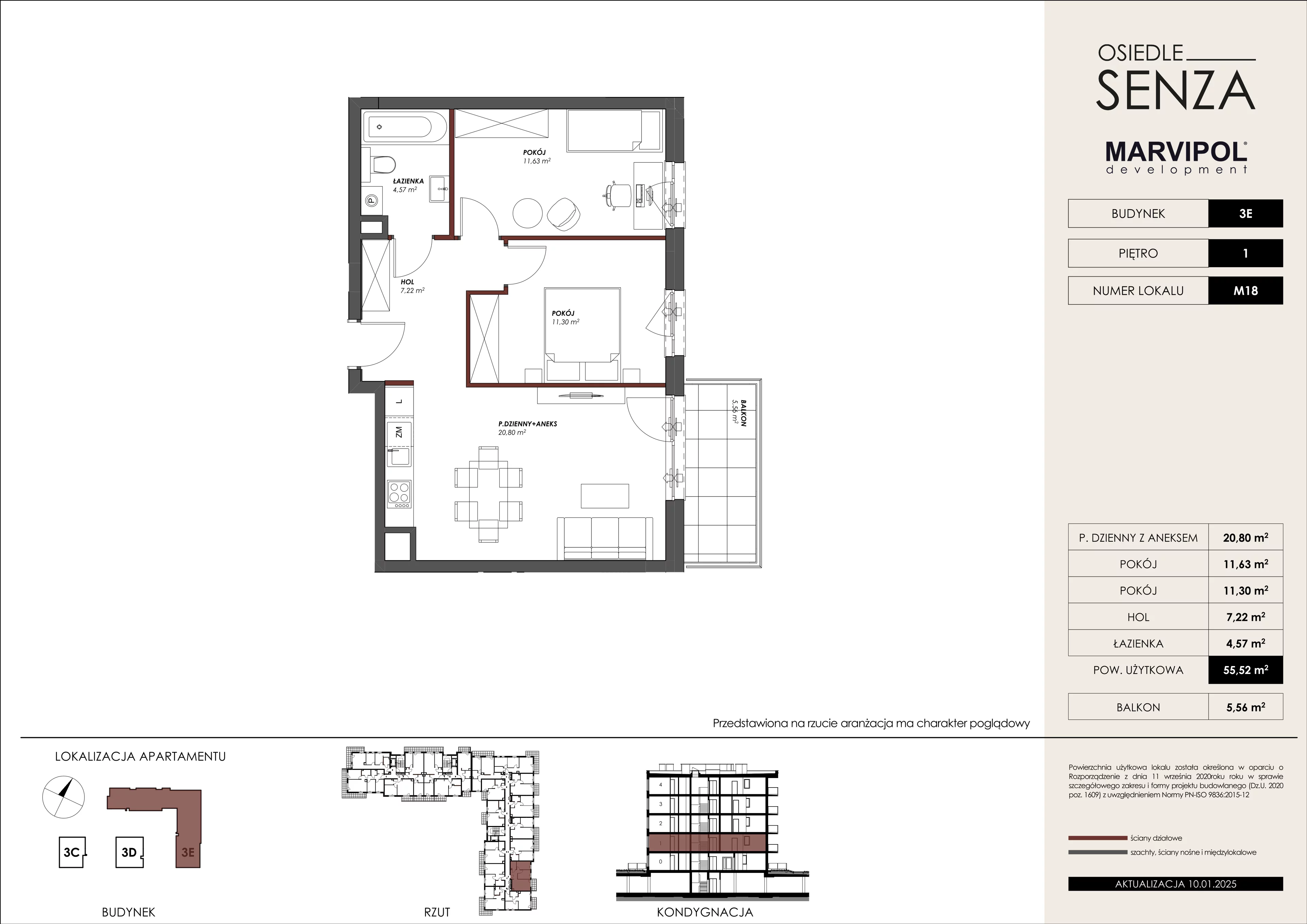 2 pokoje, mieszkanie 55,52 m², piętro 1, oferta nr 3E/M18, Osiedle Senza, Warszawa, Białołęka, Nowodwory, ul. Grzymalitów 3C, 3D, 3E