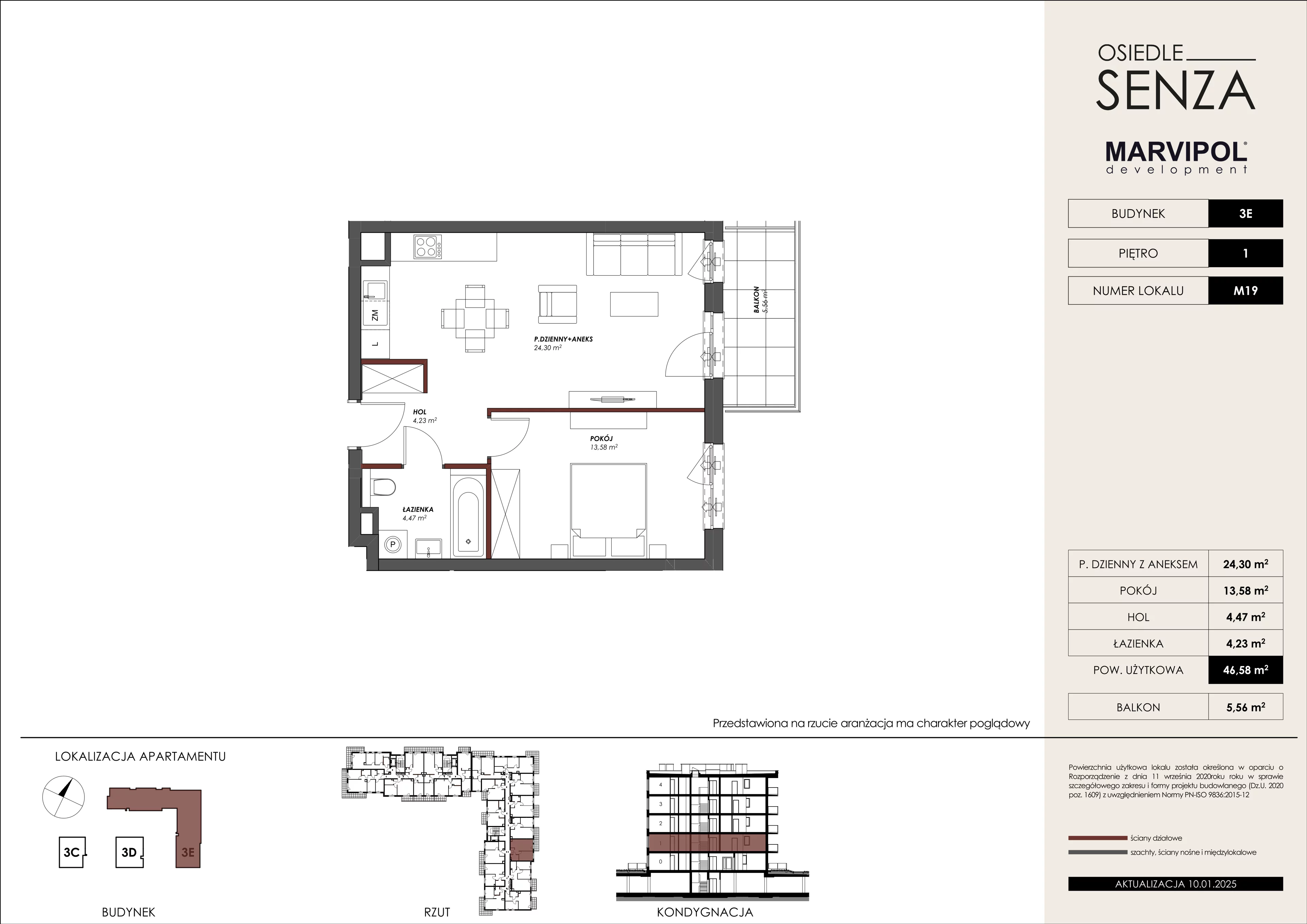 2 pokoje, mieszkanie 46,58 m², piętro 1, oferta nr 3E/M19, Osiedle Senza, Warszawa, Białołęka, Nowodwory, ul. Grzymalitów 3C, 3D, 3E