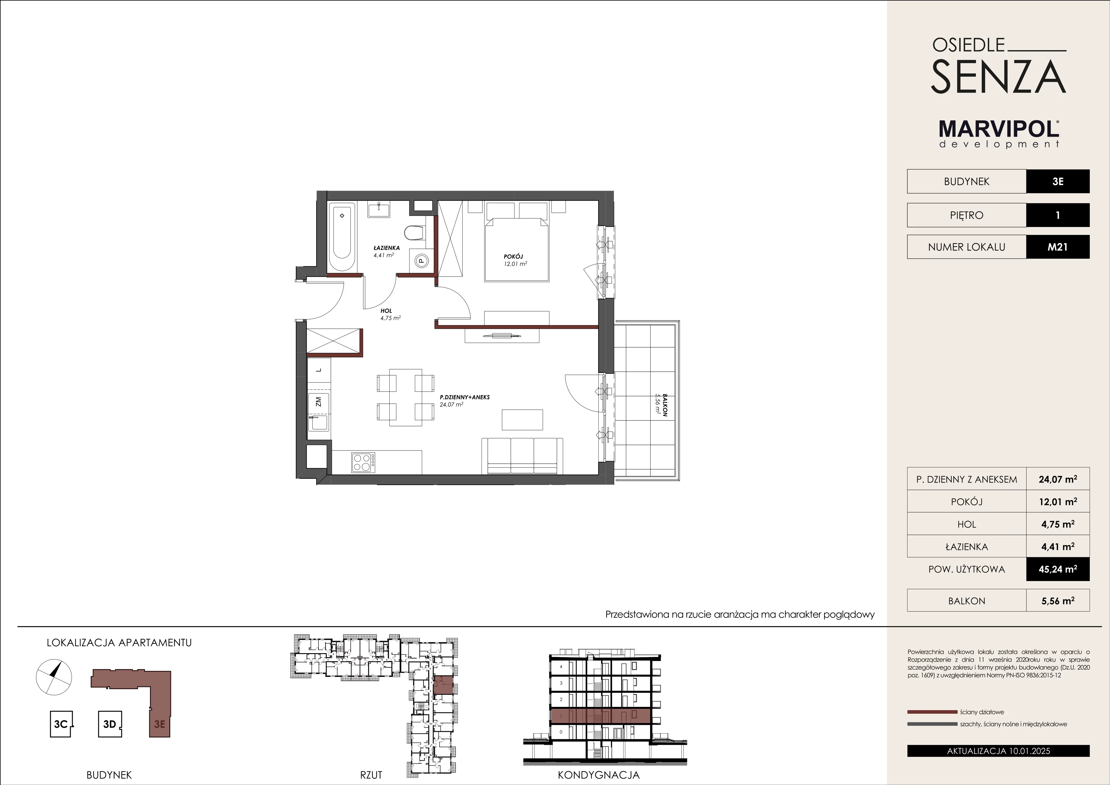 2 pokoje, mieszkanie 45,24 m², piętro 1, oferta nr 3E/M21, Osiedle Senza, Warszawa, Białołęka, Nowodwory, ul. Grzymalitów 3C, 3D, 3E