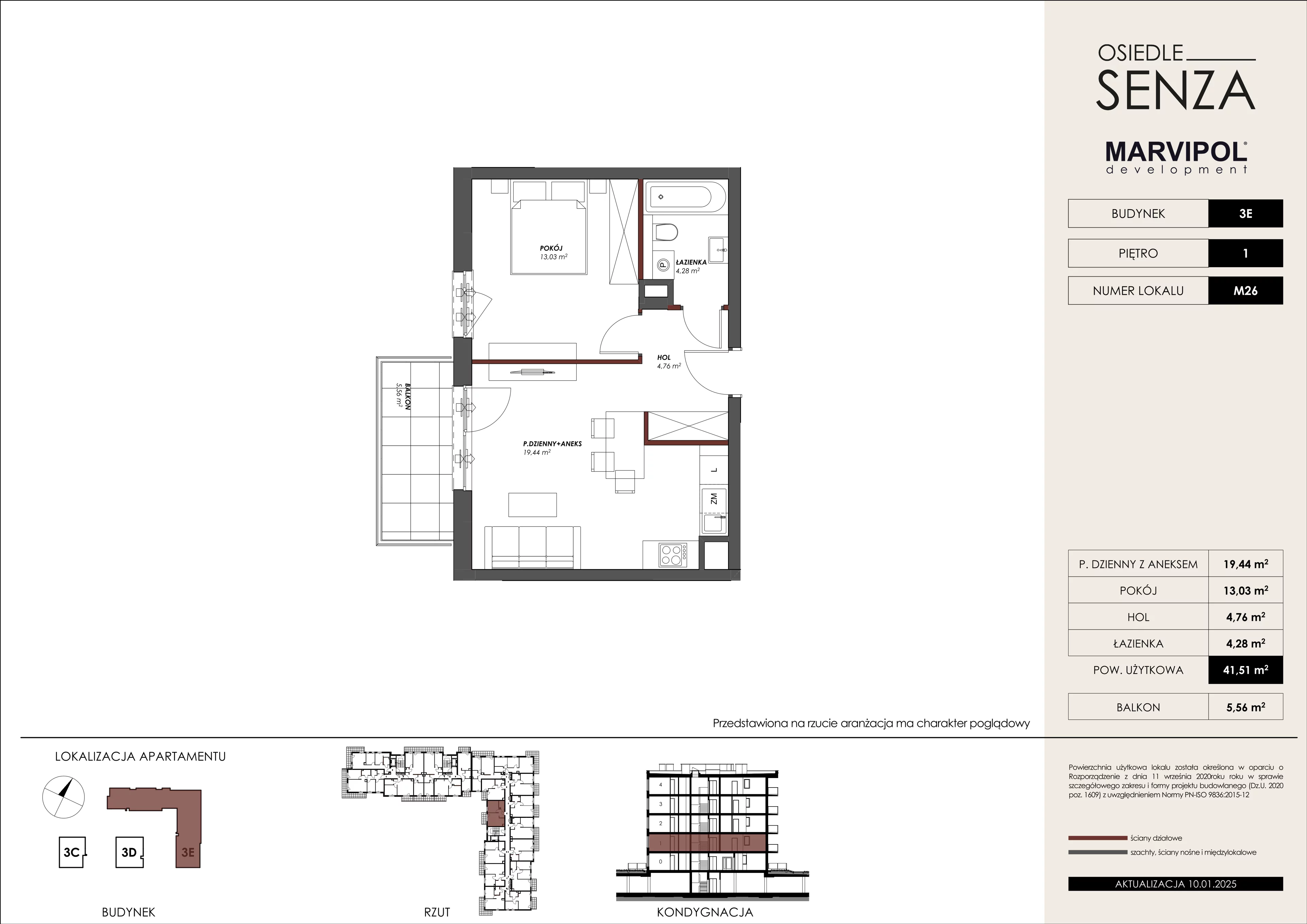 2 pokoje, mieszkanie 41,51 m², piętro 1, oferta nr 3E/M26, Osiedle Senza, Warszawa, Białołęka, Nowodwory, ul. Grzymalitów 3C, 3D, 3E