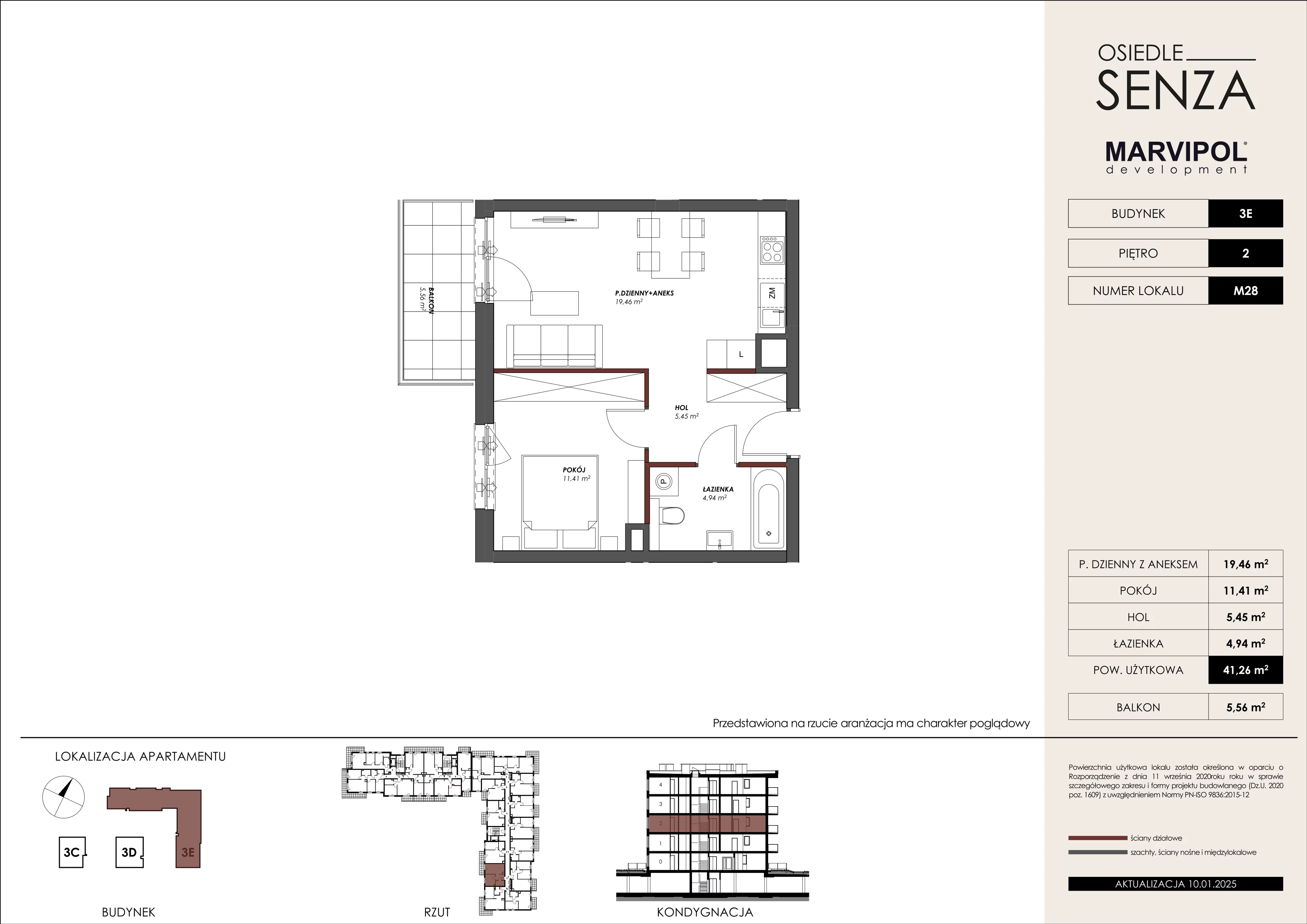 2 pokoje, mieszkanie 41,26 m², piętro 2, oferta nr 3E/M28, Osiedle Senza, Warszawa, Białołęka, Nowodwory, ul. Grzymalitów 3C, 3D, 3E