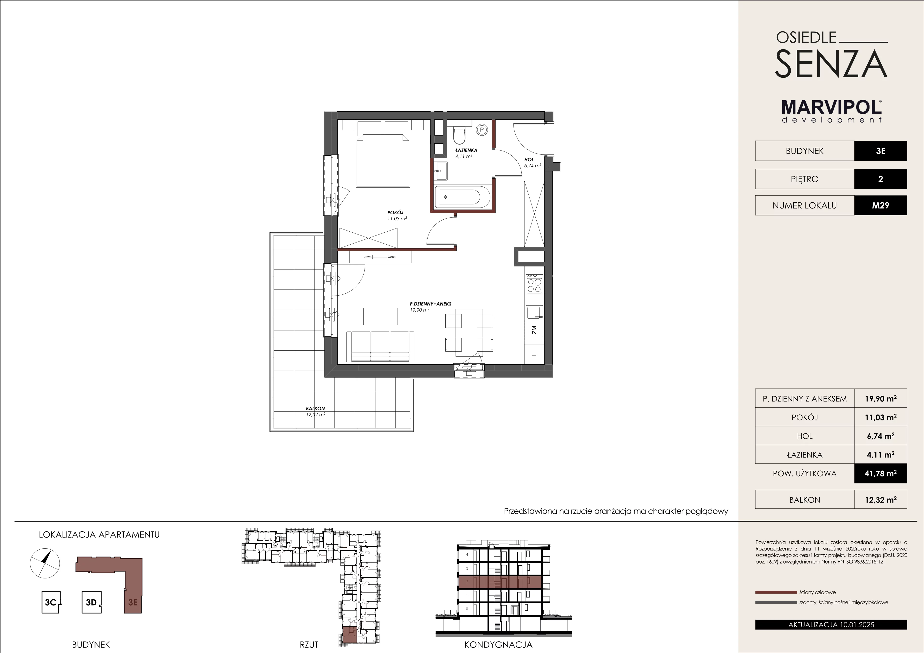 2 pokoje, mieszkanie 41,78 m², piętro 2, oferta nr 3E/M29, Osiedle Senza, Warszawa, Białołęka, Nowodwory, ul. Grzymalitów 3C, 3D, 3E