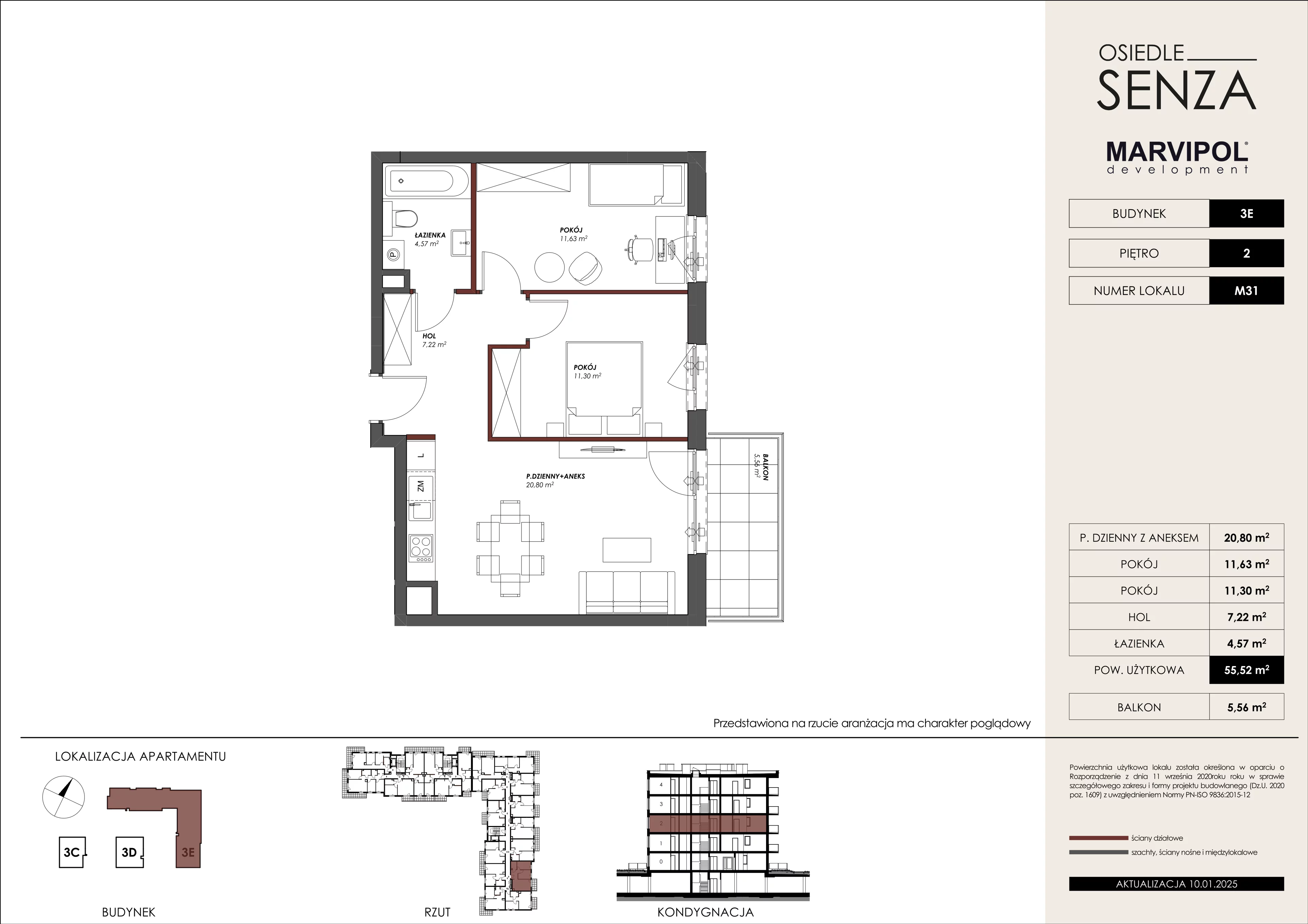 2 pokoje, mieszkanie 55,52 m², piętro 2, oferta nr 3E/M31, Osiedle Senza, Warszawa, Białołęka, Nowodwory, ul. Grzymalitów 3C, 3D, 3E