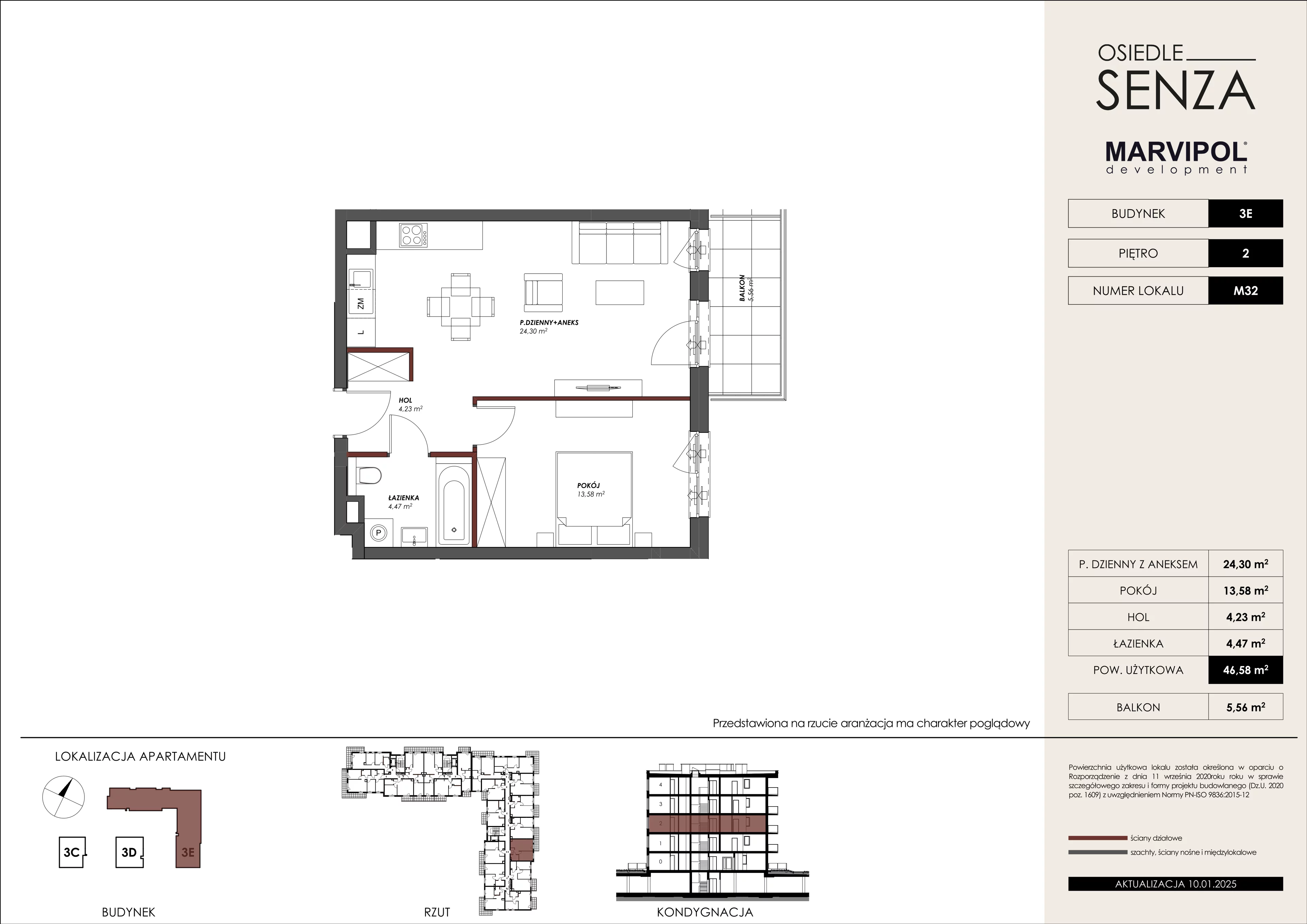 2 pokoje, mieszkanie 46,58 m², piętro 2, oferta nr 3E/M32, Osiedle Senza, Warszawa, Białołęka, Nowodwory, ul. Grzymalitów 3C, 3D, 3E