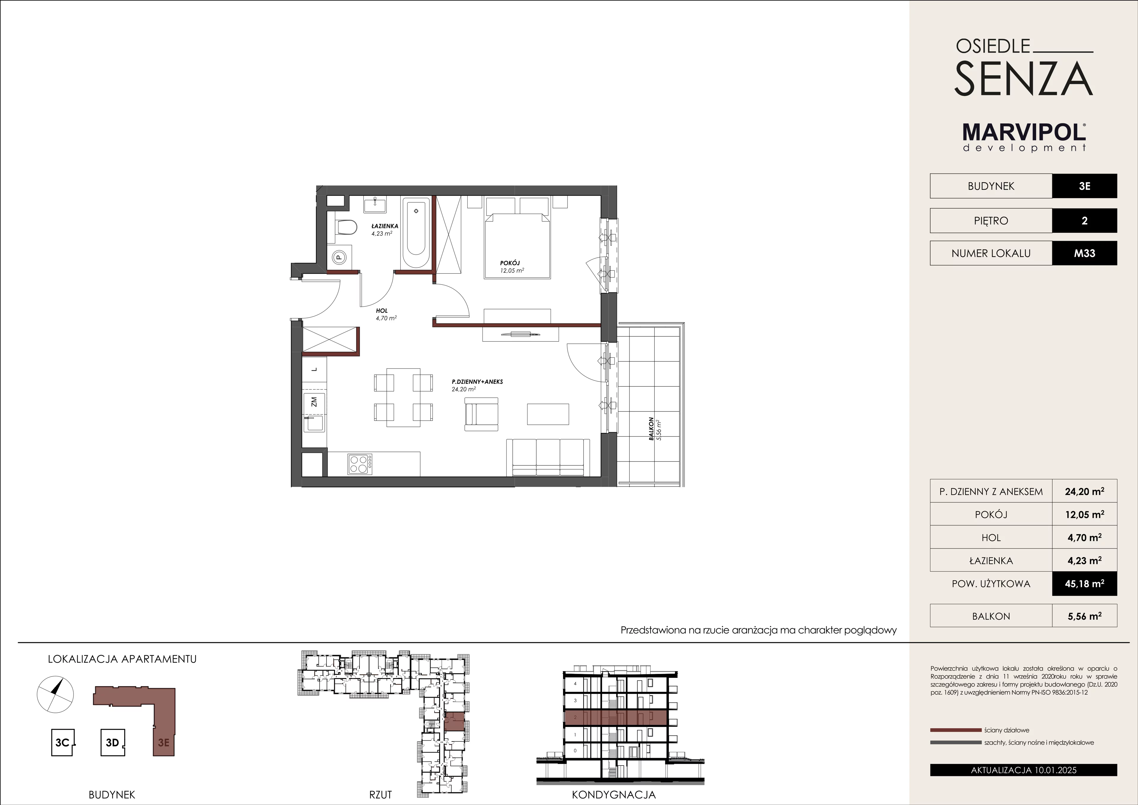 2 pokoje, mieszkanie 45,18 m², piętro 2, oferta nr 3E/M33, Osiedle Senza, Warszawa, Białołęka, Nowodwory, ul. Grzymalitów 3C, 3D, 3E