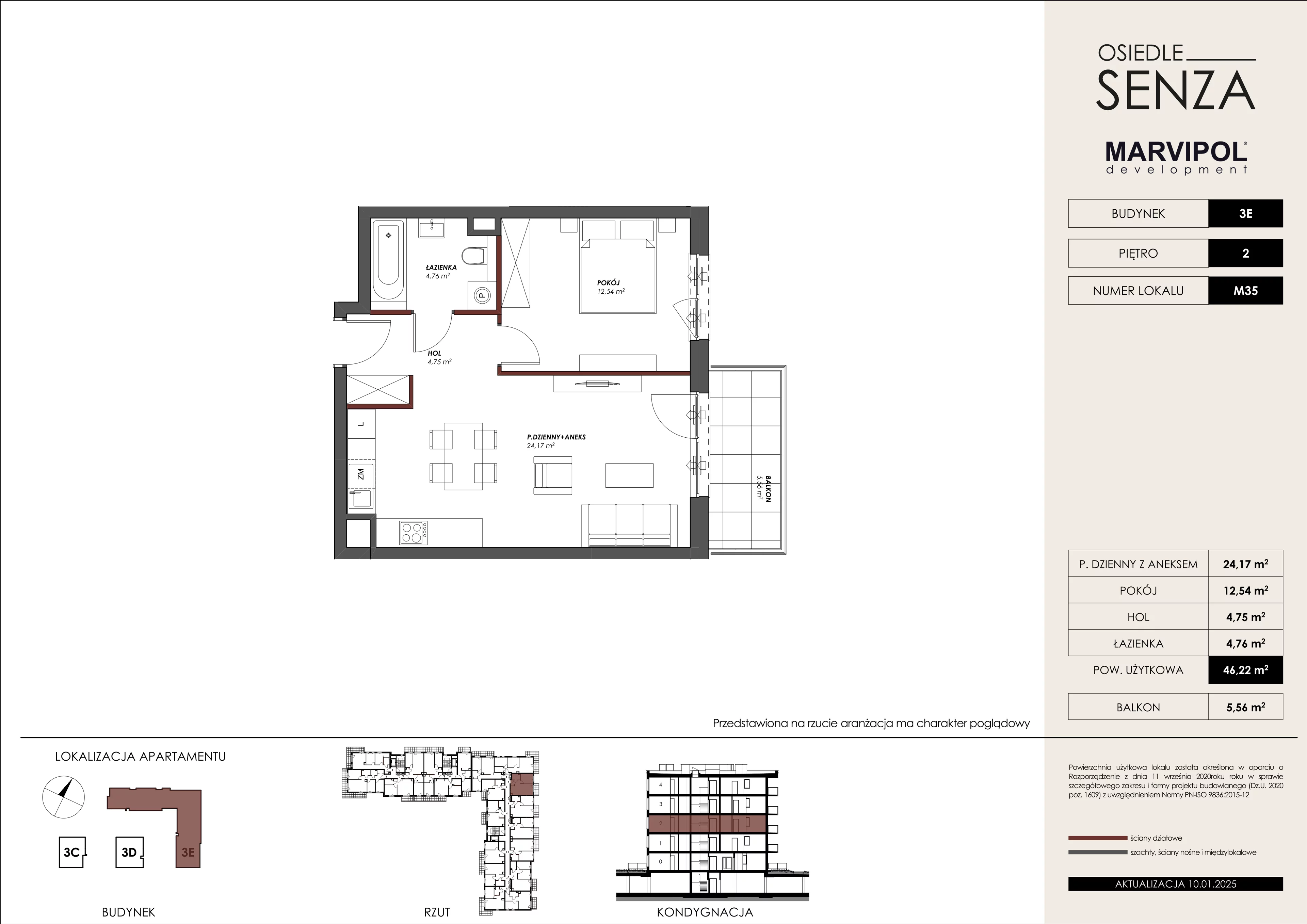 2 pokoje, mieszkanie 46,22 m², piętro 2, oferta nr 3E/M35, Osiedle Senza, Warszawa, Białołęka, Nowodwory, ul. Grzymalitów 3C, 3D, 3E