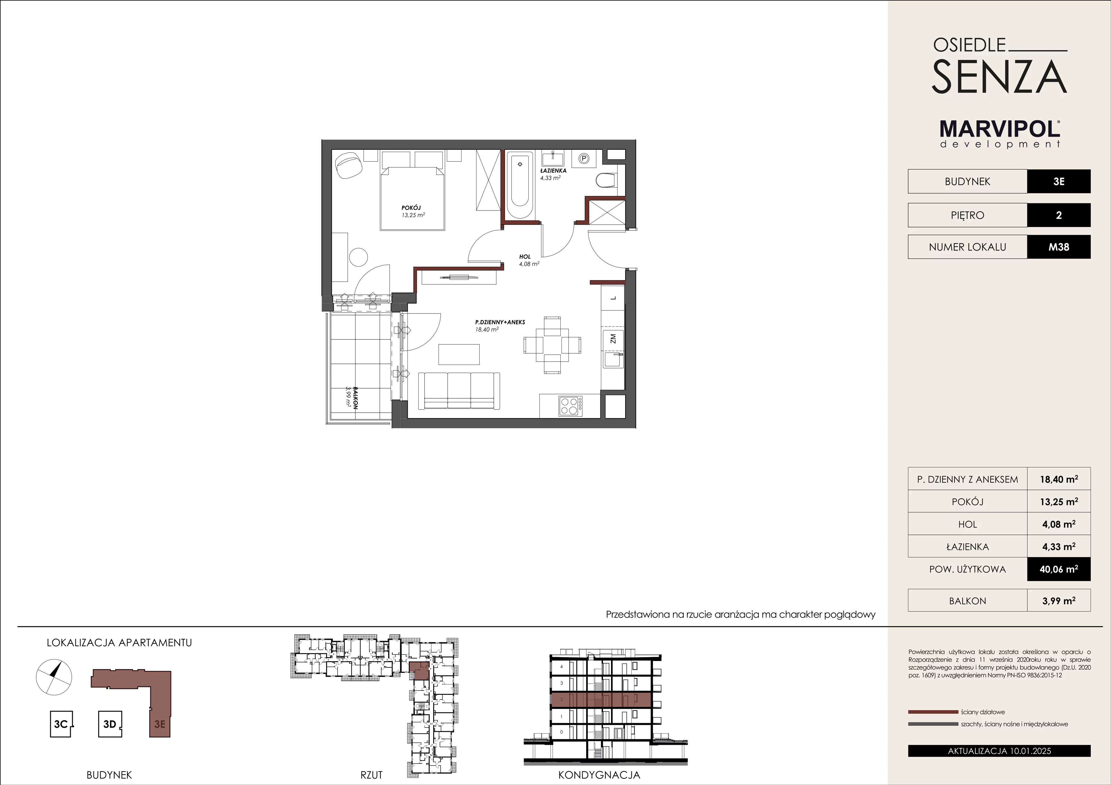 2 pokoje, mieszkanie 40,06 m², piętro 2, oferta nr 3E/M38, Osiedle Senza, Warszawa, Białołęka, Nowodwory, ul. Grzymalitów 3C, 3D, 3E