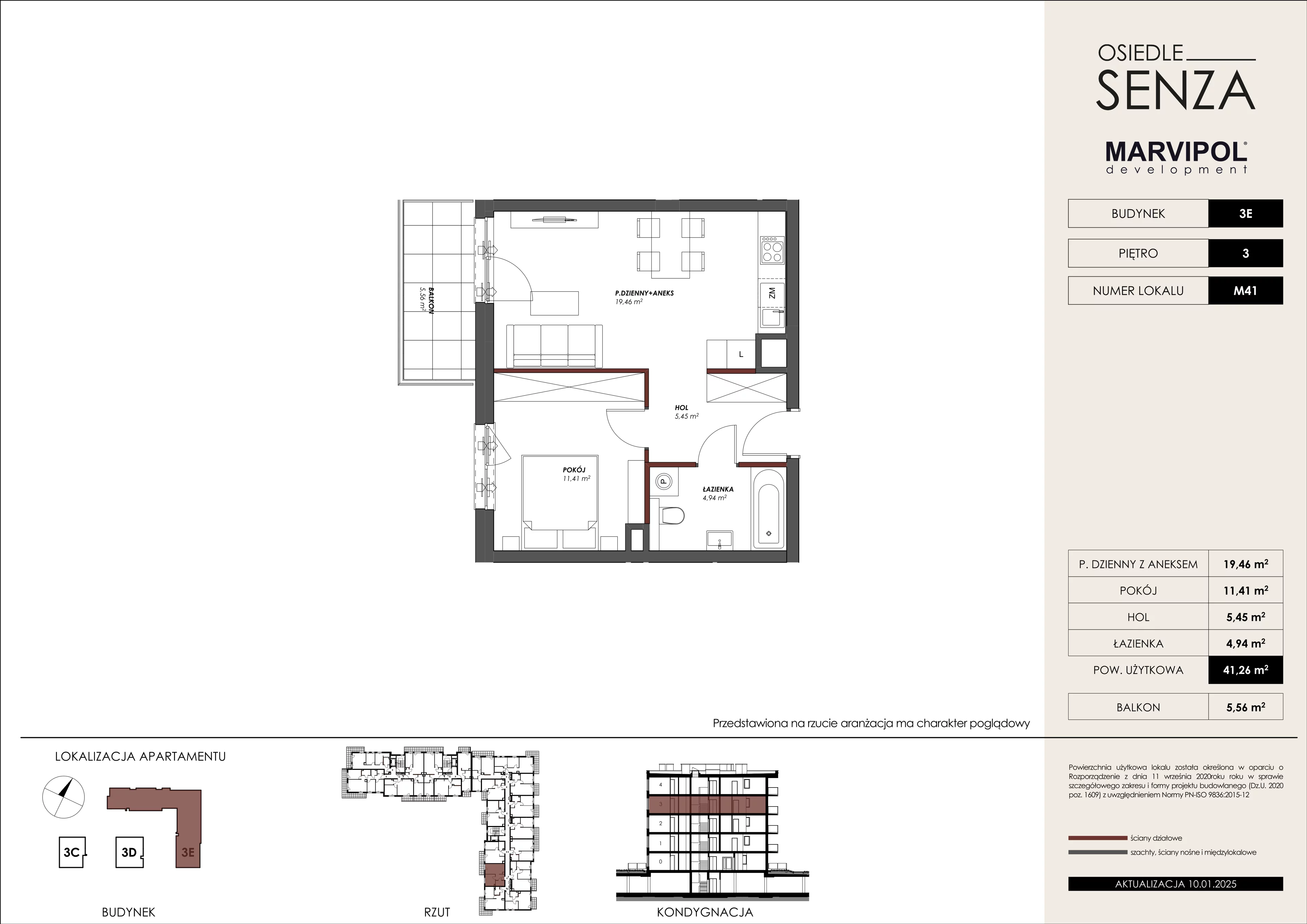 2 pokoje, mieszkanie 41,26 m², piętro 3, oferta nr 3E/M41, Osiedle Senza, Warszawa, Białołęka, Nowodwory, ul. Grzymalitów 3C, 3D, 3E