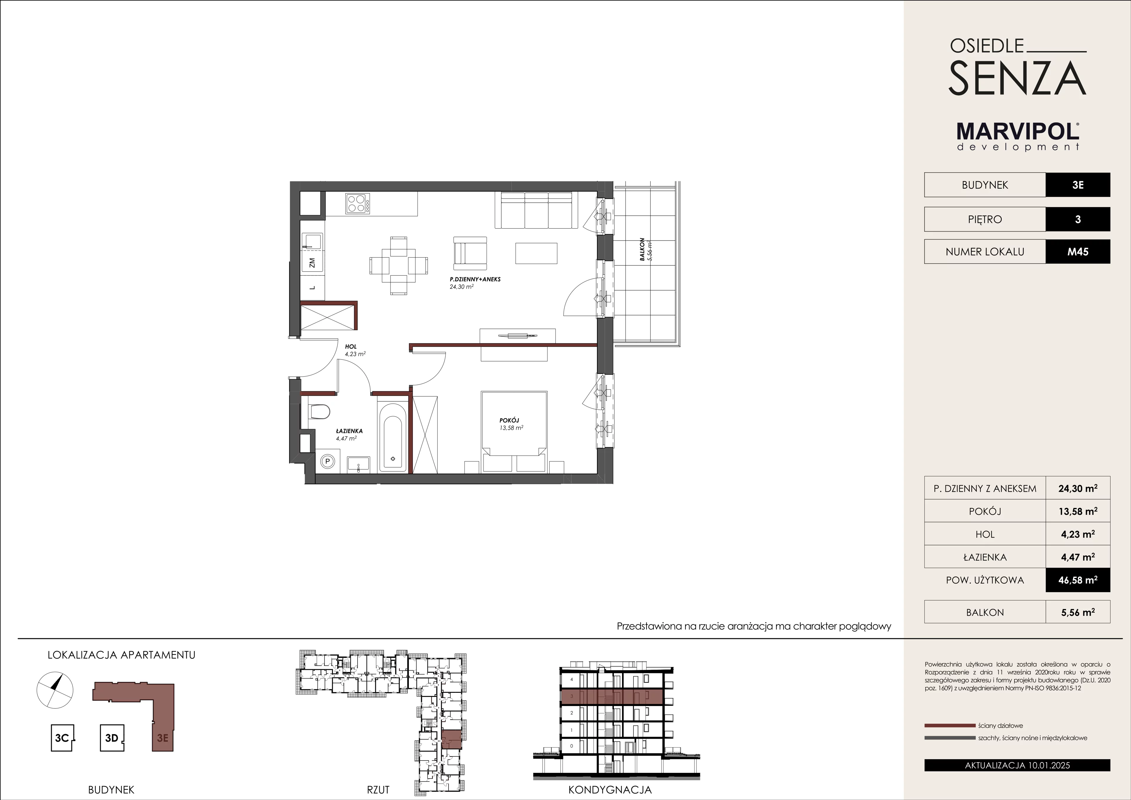 2 pokoje, mieszkanie 46,58 m², piętro 3, oferta nr 3E/M45, Osiedle Senza, Warszawa, Białołęka, Nowodwory, ul. Grzymalitów 3C, 3D, 3E