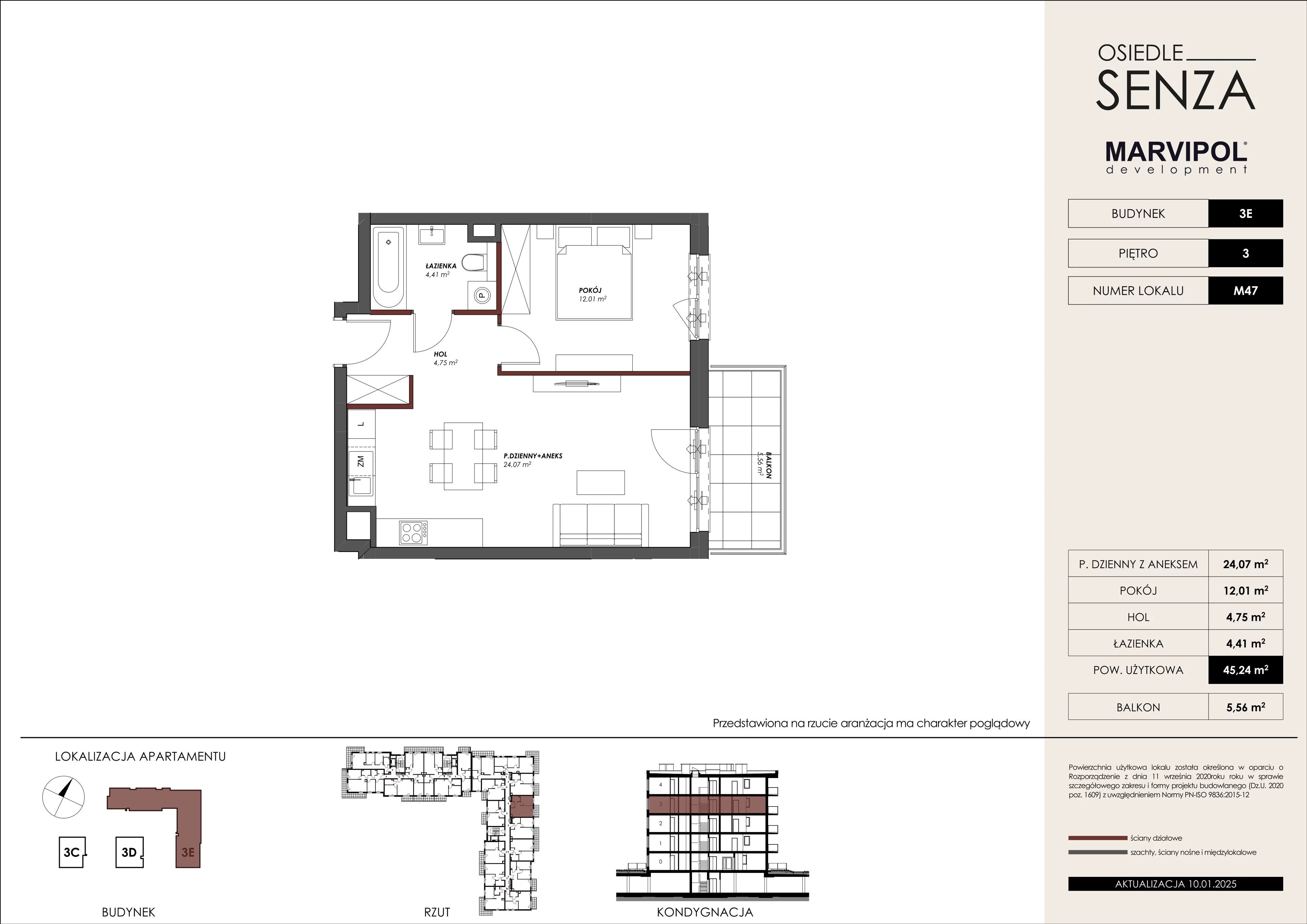 2 pokoje, mieszkanie 45,24 m², piętro 3, oferta nr 3E/M47, Osiedle Senza, Warszawa, Białołęka, Nowodwory, ul. Grzymalitów 3C, 3D, 3E