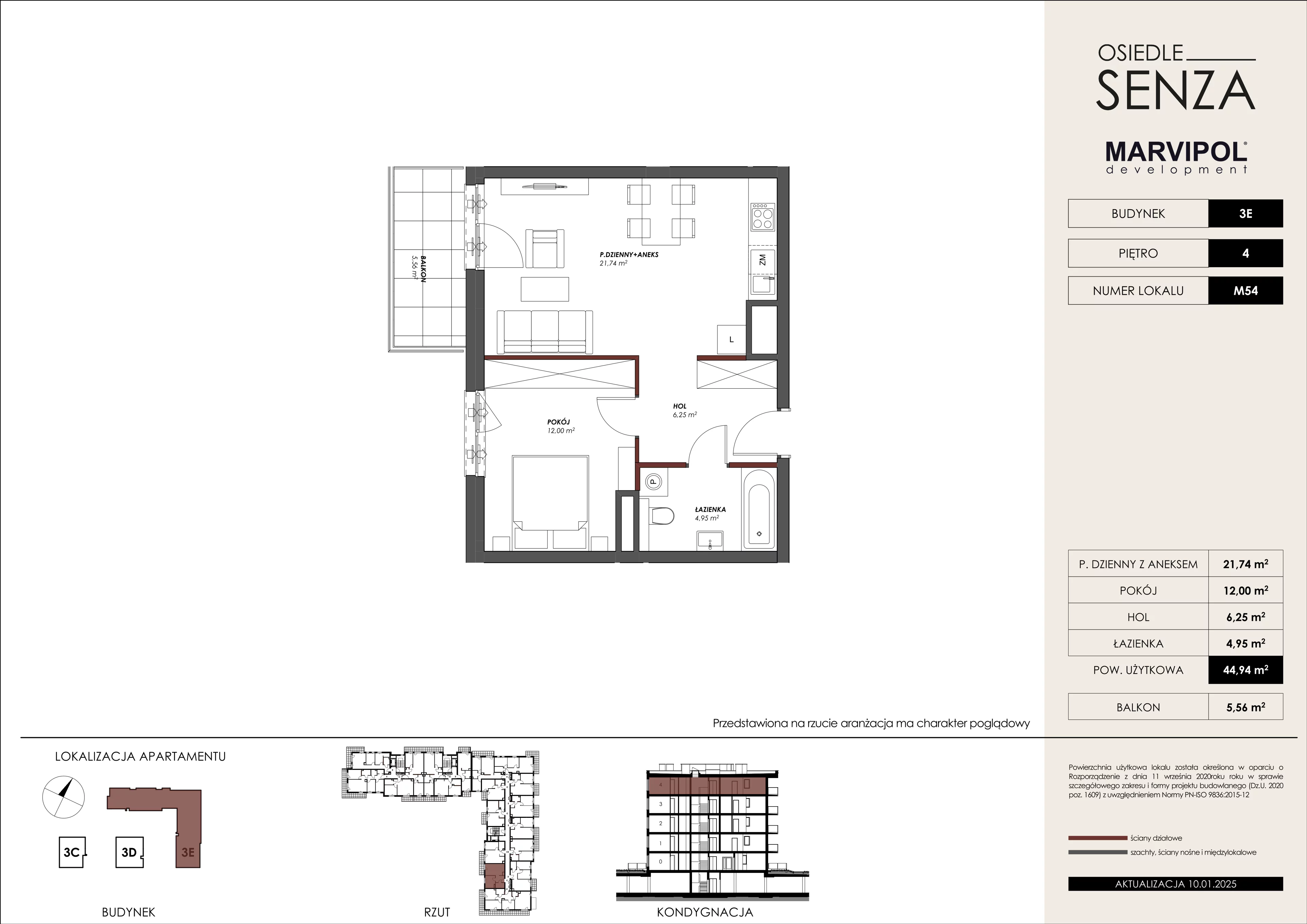 2 pokoje, mieszkanie 44,94 m², piętro 4, oferta nr 3E/M54, Osiedle Senza, Warszawa, Białołęka, Nowodwory, ul. Grzymalitów 3C, 3D, 3E