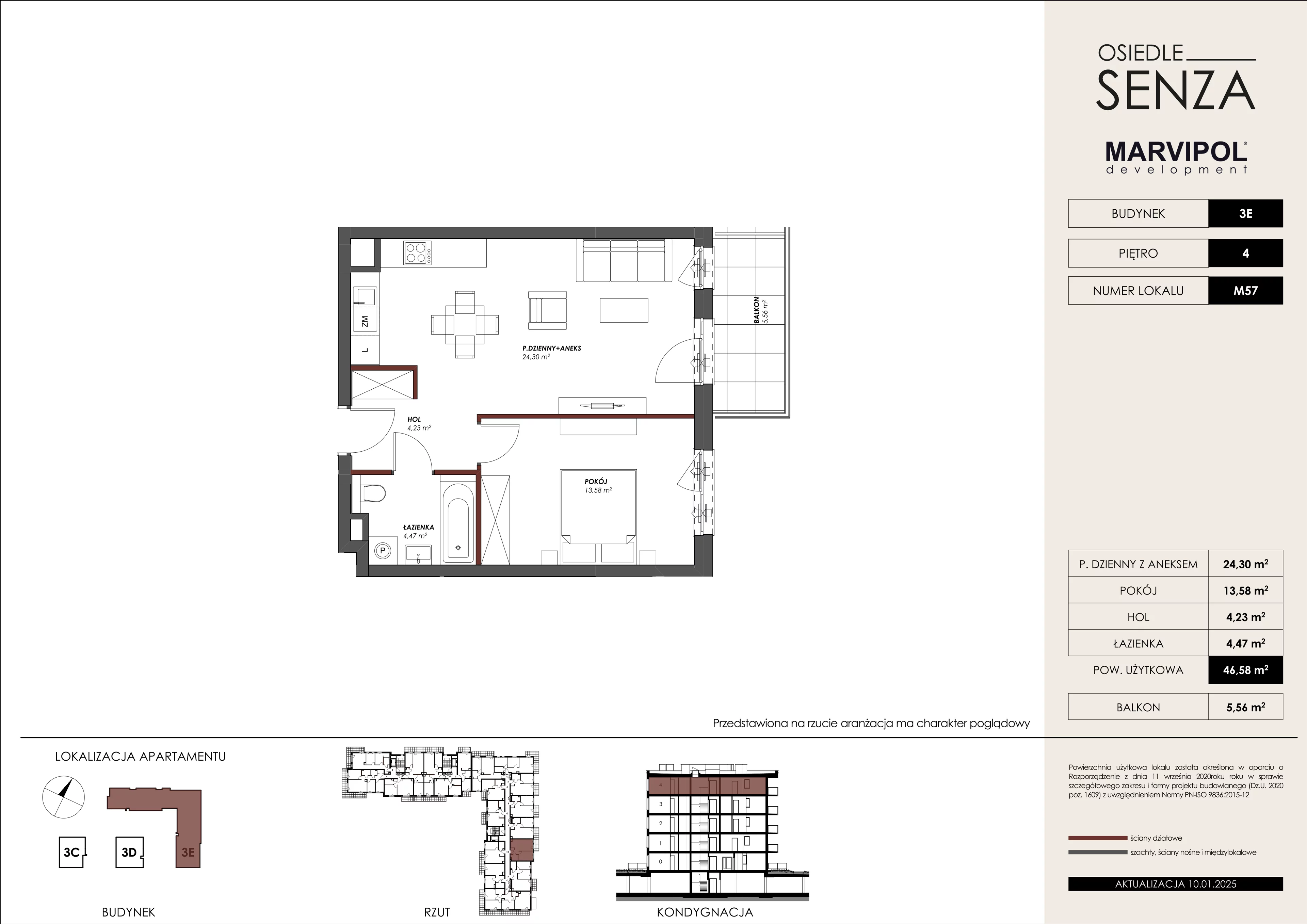 2 pokoje, mieszkanie 46,58 m², piętro 4, oferta nr 3E/M57, Osiedle Senza, Warszawa, Białołęka, Nowodwory, ul. Grzymalitów 3C, 3D, 3E