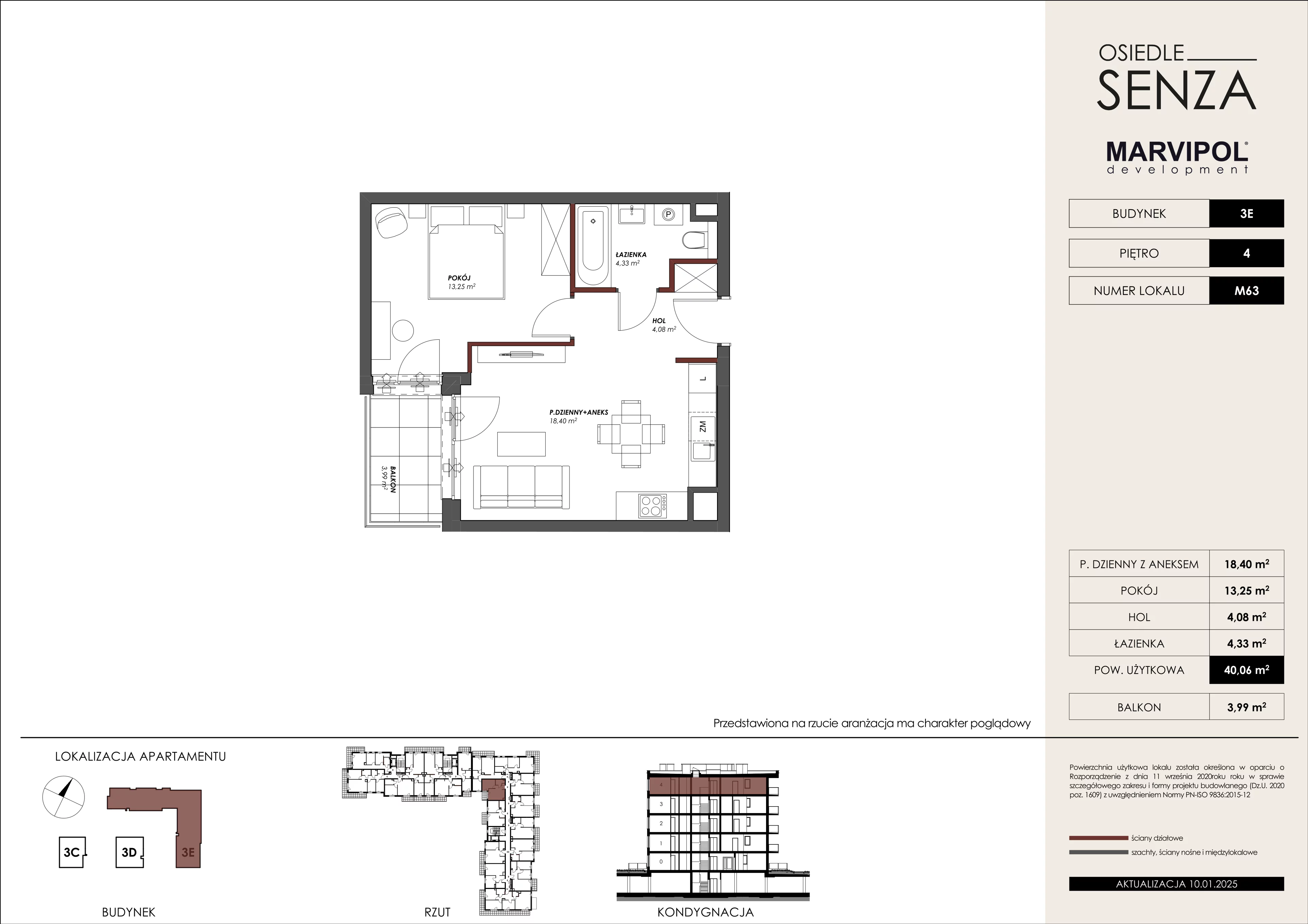 2 pokoje, mieszkanie 40,06 m², piętro 4, oferta nr 3E/M63, Osiedle Senza, Warszawa, Białołęka, Nowodwory, ul. Grzymalitów 3C, 3D, 3E