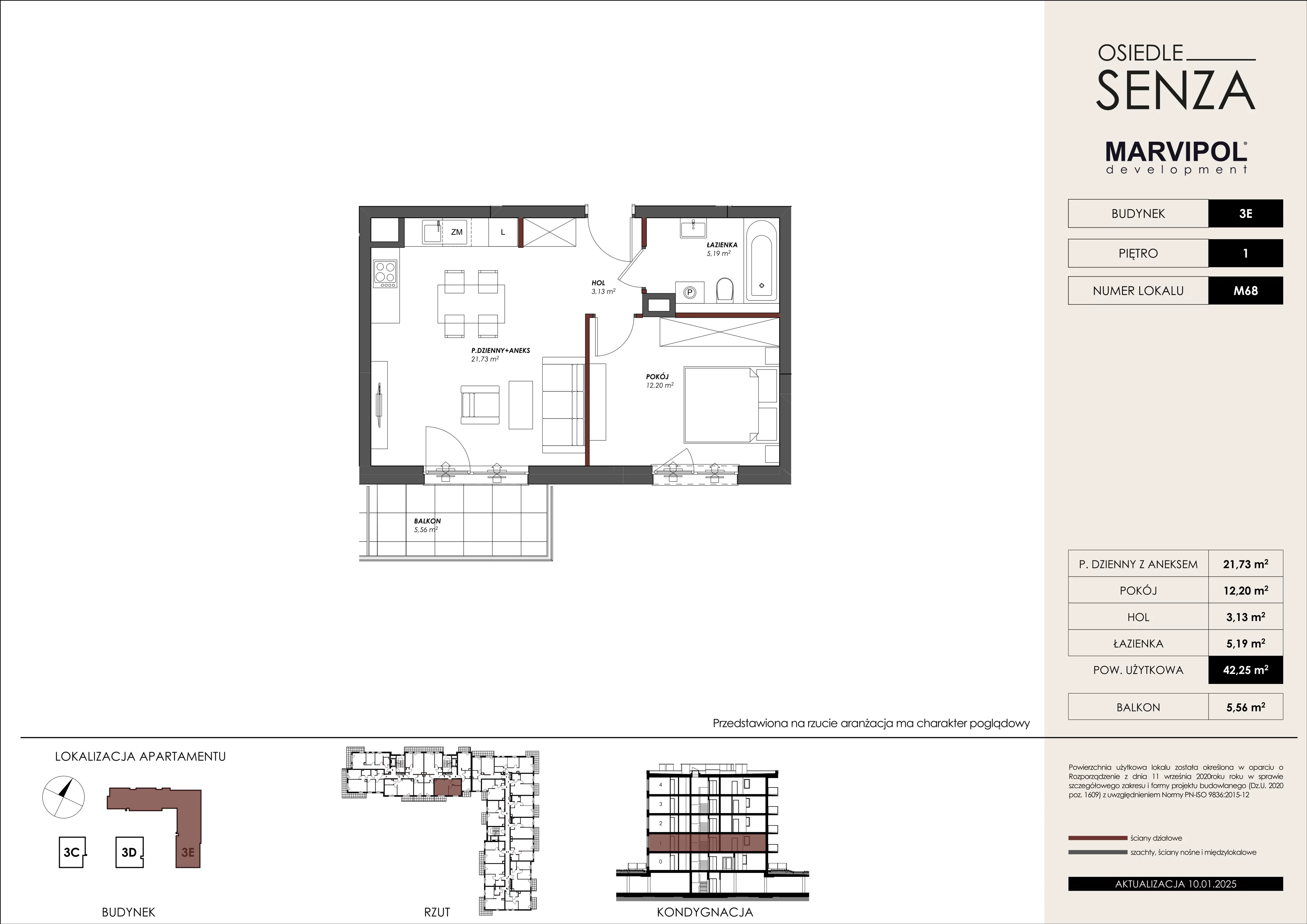 2 pokoje, mieszkanie 42,25 m², piętro 1, oferta nr 3E/M68, Osiedle Senza, Warszawa, Białołęka, Nowodwory, ul. Grzymalitów 3C, 3D, 3E