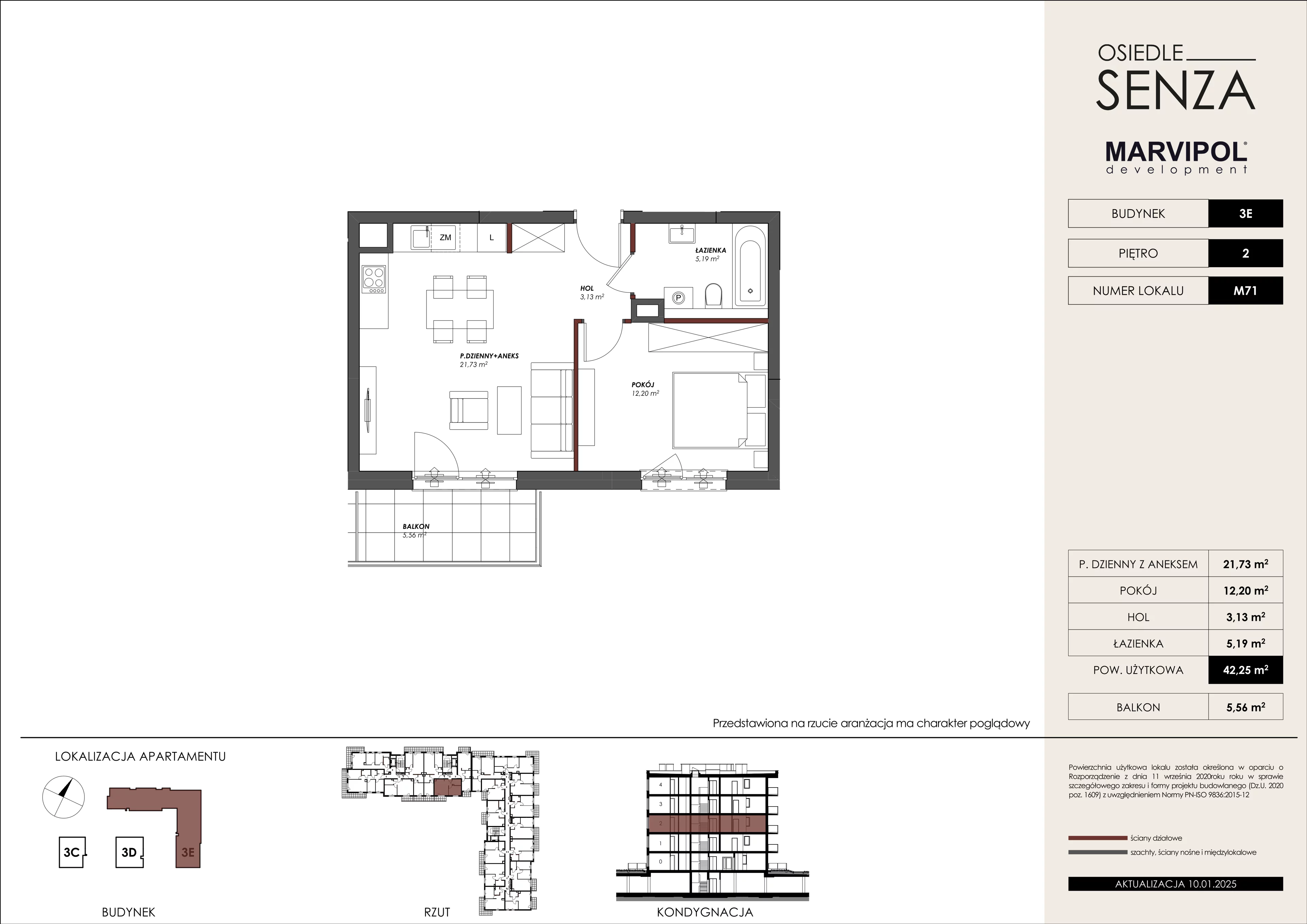 2 pokoje, mieszkanie 42,25 m², piętro 2, oferta nr 3E/M71, Osiedle Senza, Warszawa, Białołęka, Nowodwory, ul. Grzymalitów 3C, 3D, 3E