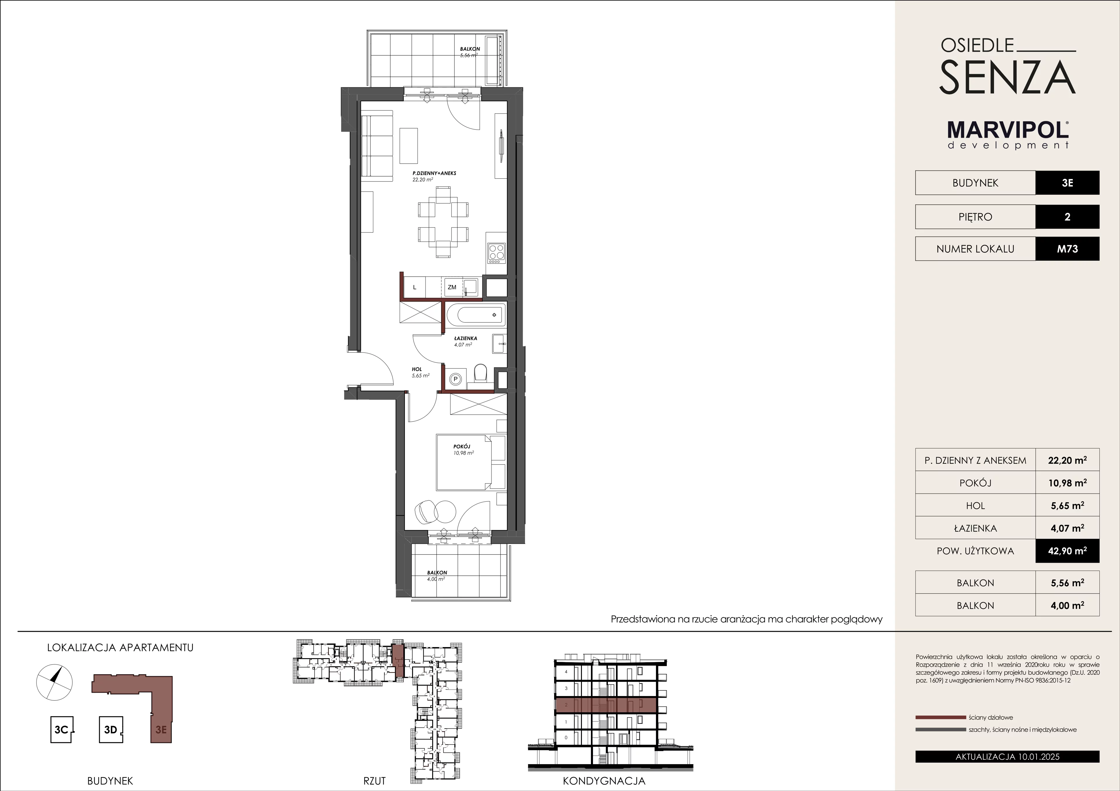 2 pokoje, mieszkanie 42,90 m², piętro 2, oferta nr 3E/M73, Osiedle Senza, Warszawa, Białołęka, Nowodwory, ul. Grzymalitów 3C, 3D, 3E