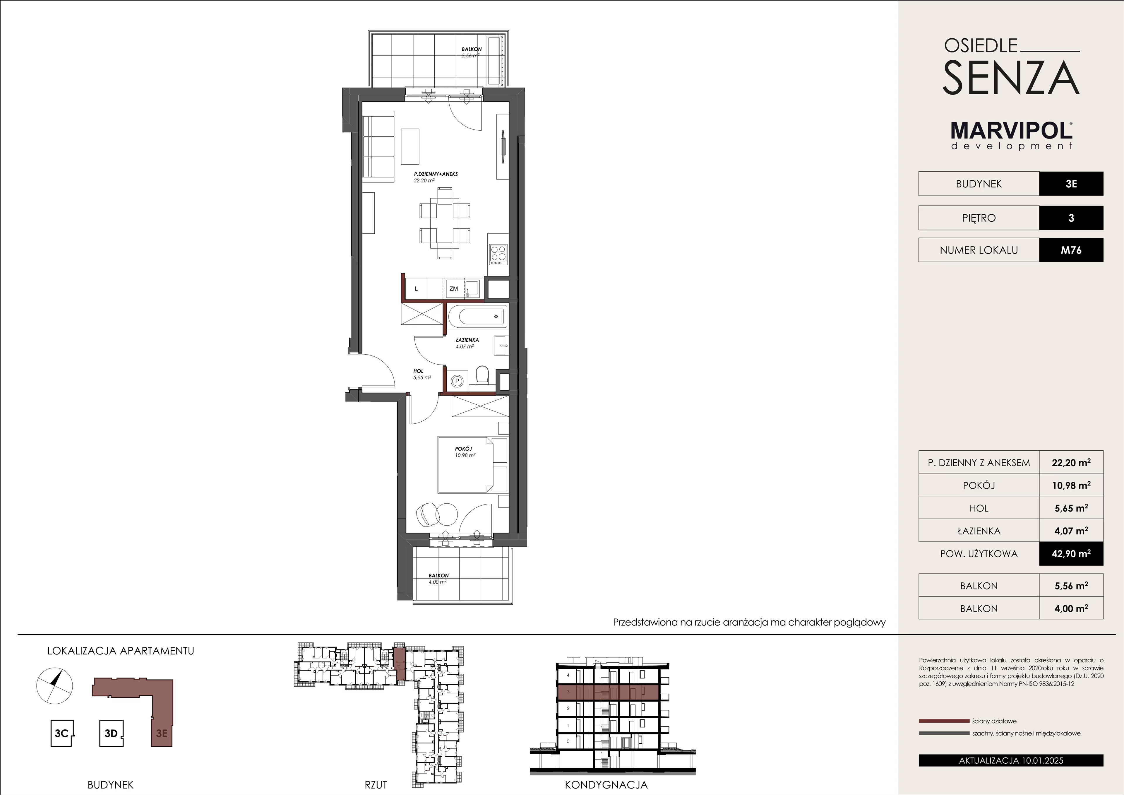 2 pokoje, mieszkanie 42,90 m², piętro 3, oferta nr 3E/M76, Osiedle Senza, Warszawa, Białołęka, Nowodwory, ul. Grzymalitów 3C, 3D, 3E