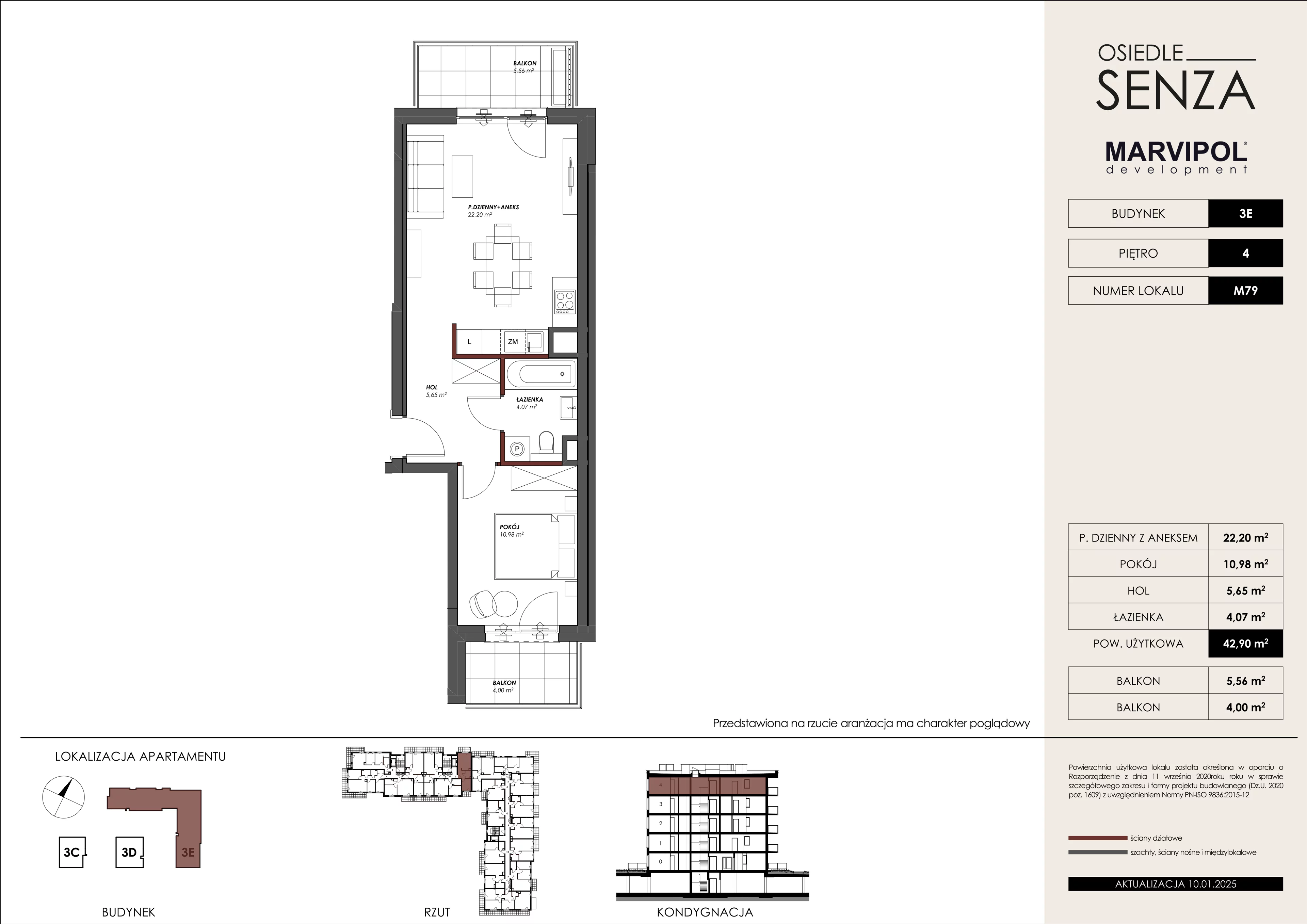 2 pokoje, mieszkanie 42,90 m², piętro 4, oferta nr 3E/M79, Osiedle Senza, Warszawa, Białołęka, Nowodwory, ul. Grzymalitów 3C, 3D, 3E