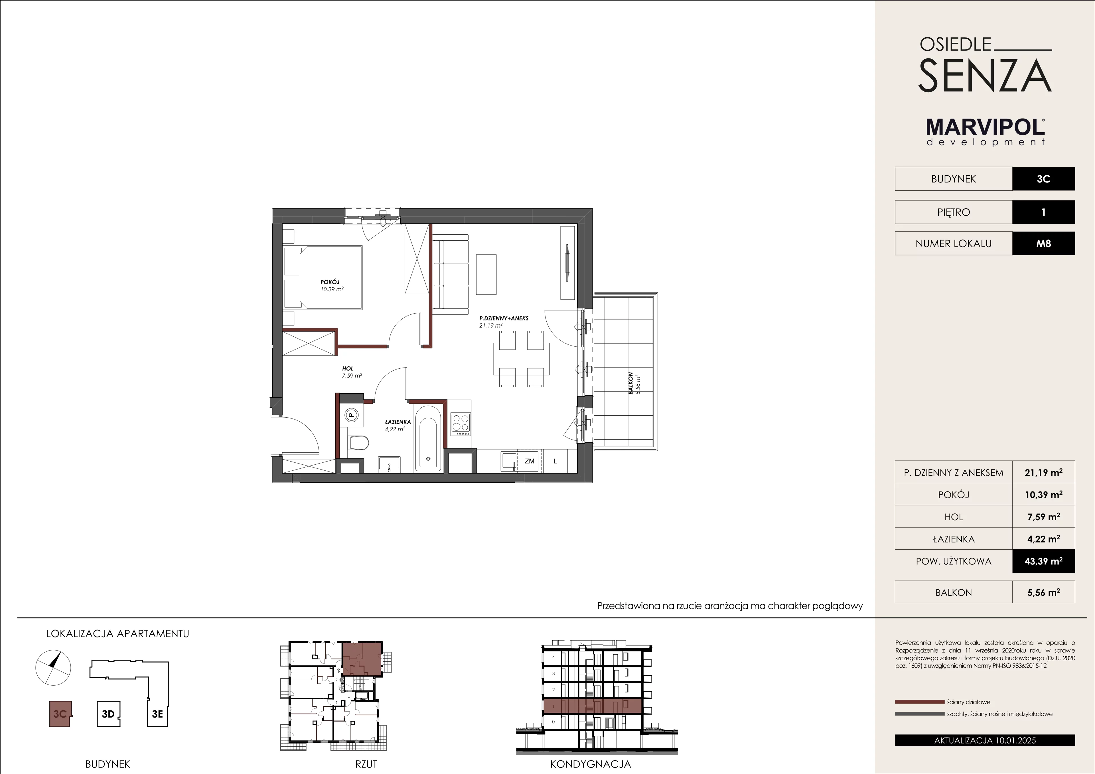 2 pokoje, mieszkanie 43,39 m², piętro 1, oferta nr 3C/M08, Osiedle Senza, Warszawa, Białołęka, Nowodwory, ul. Grzymalitów 3C, 3D, 3E