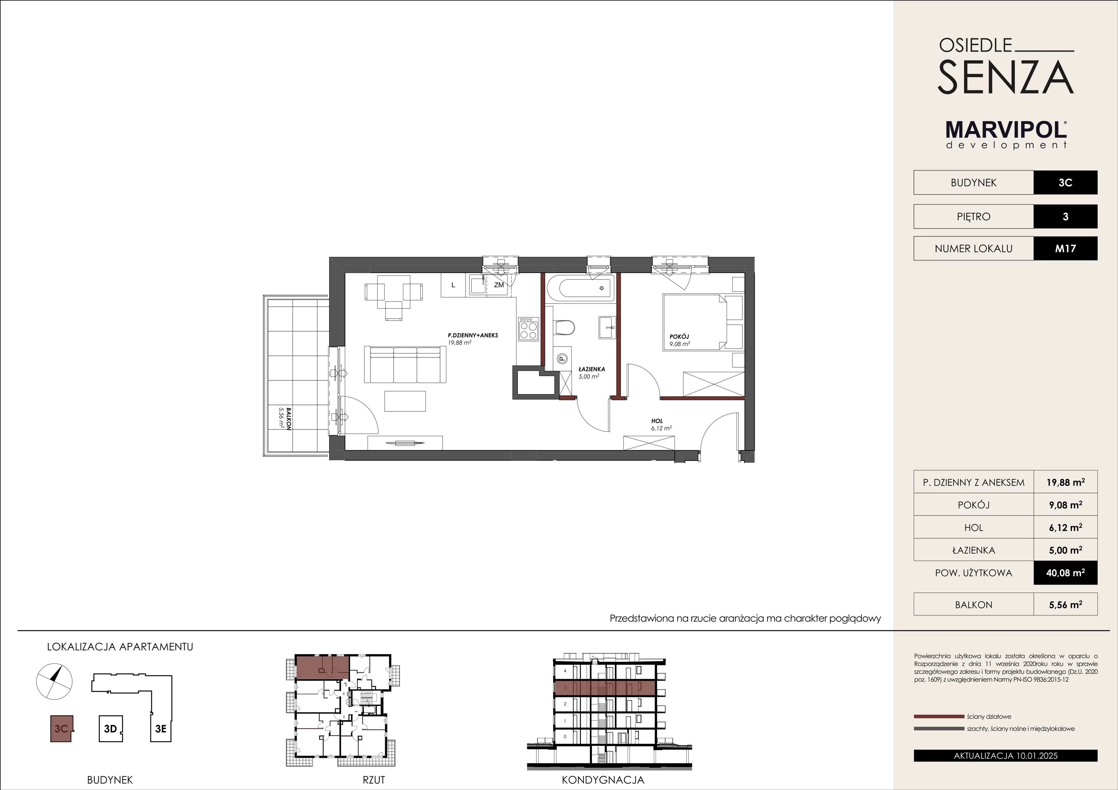 2 pokoje, mieszkanie 40,08 m², piętro 3, oferta nr 3C/M17, Osiedle Senza, Warszawa, Białołęka, Nowodwory, ul. Grzymalitów 3C, 3D, 3E