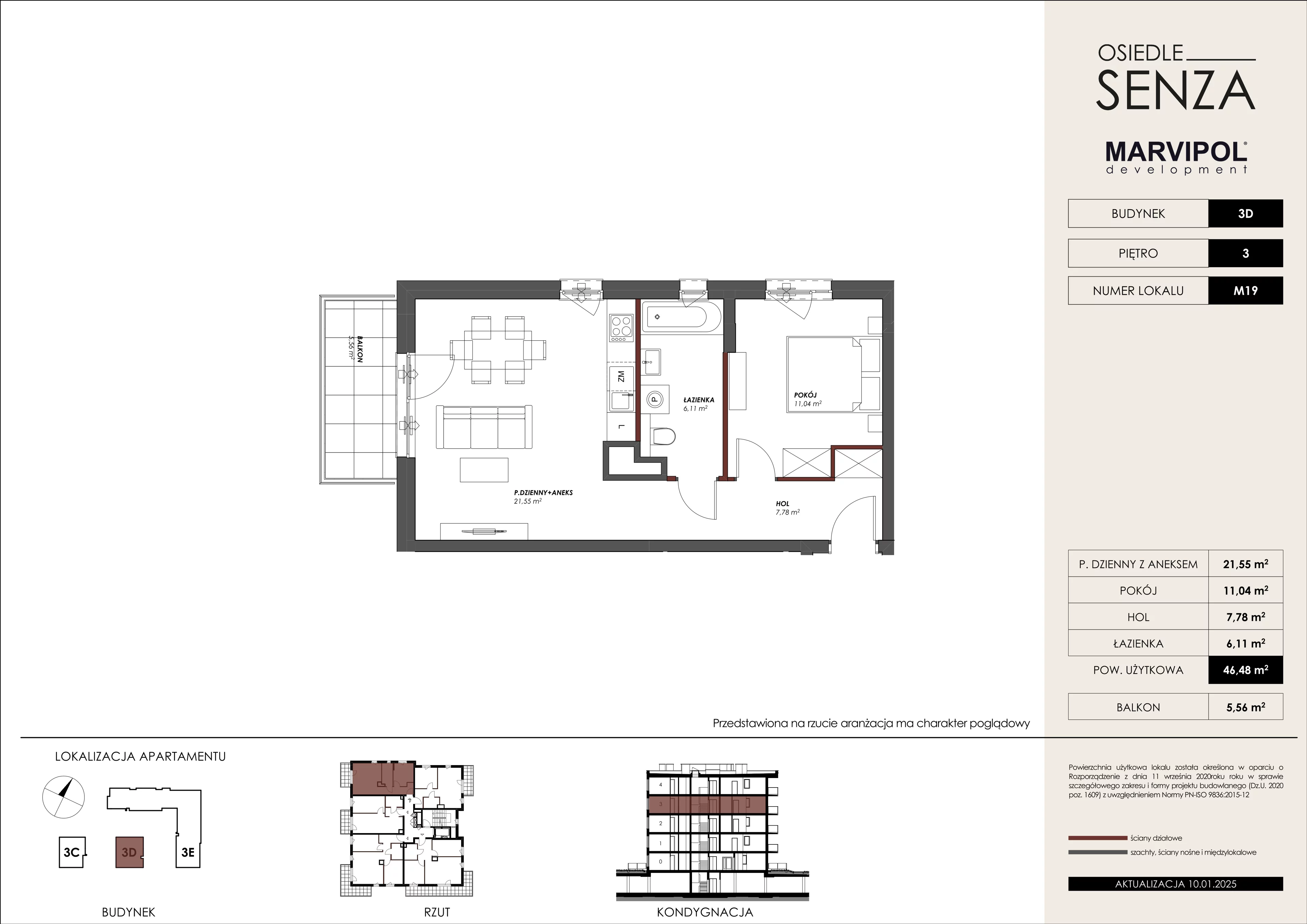 2 pokoje, mieszkanie 46,48 m², piętro 3, oferta nr 3D/M19, Osiedle Senza, Warszawa, Białołęka, Nowodwory, ul. Grzymalitów 3C, 3D, 3E