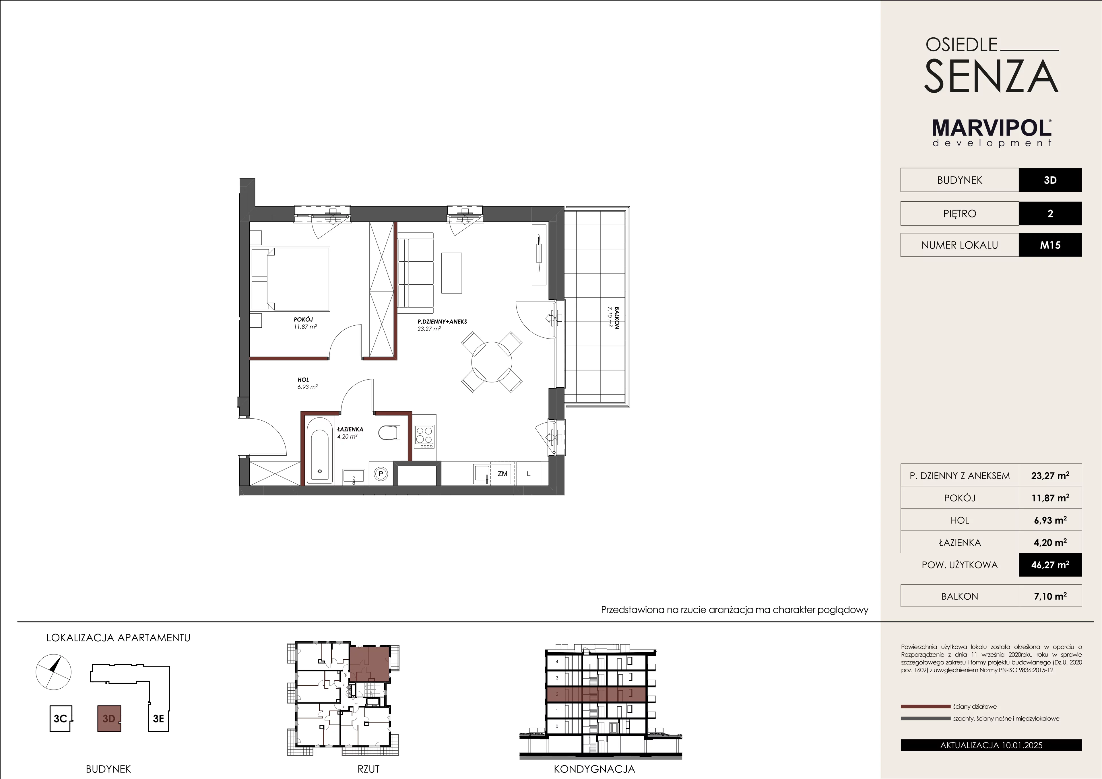 2 pokoje, mieszkanie 46,27 m², piętro 2, oferta nr 3D/M15, Osiedle Senza, Warszawa, Białołęka, Nowodwory, ul. Grzymalitów 3C, 3D, 3E