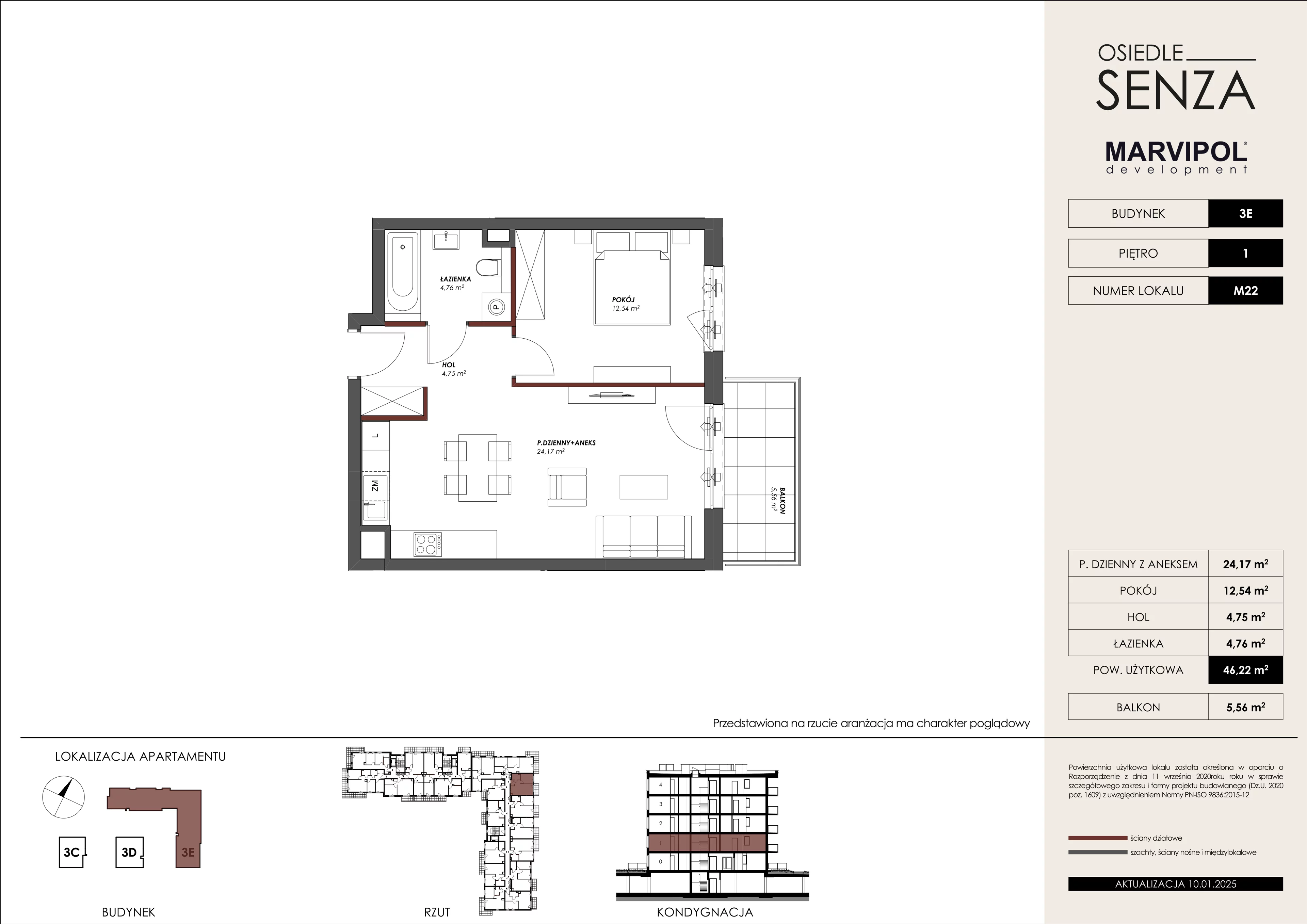 2 pokoje, mieszkanie 46,22 m², piętro 1, oferta nr 3E/M22, Osiedle Senza, Warszawa, Białołęka, Nowodwory, ul. Grzymalitów 3C, 3D, 3E