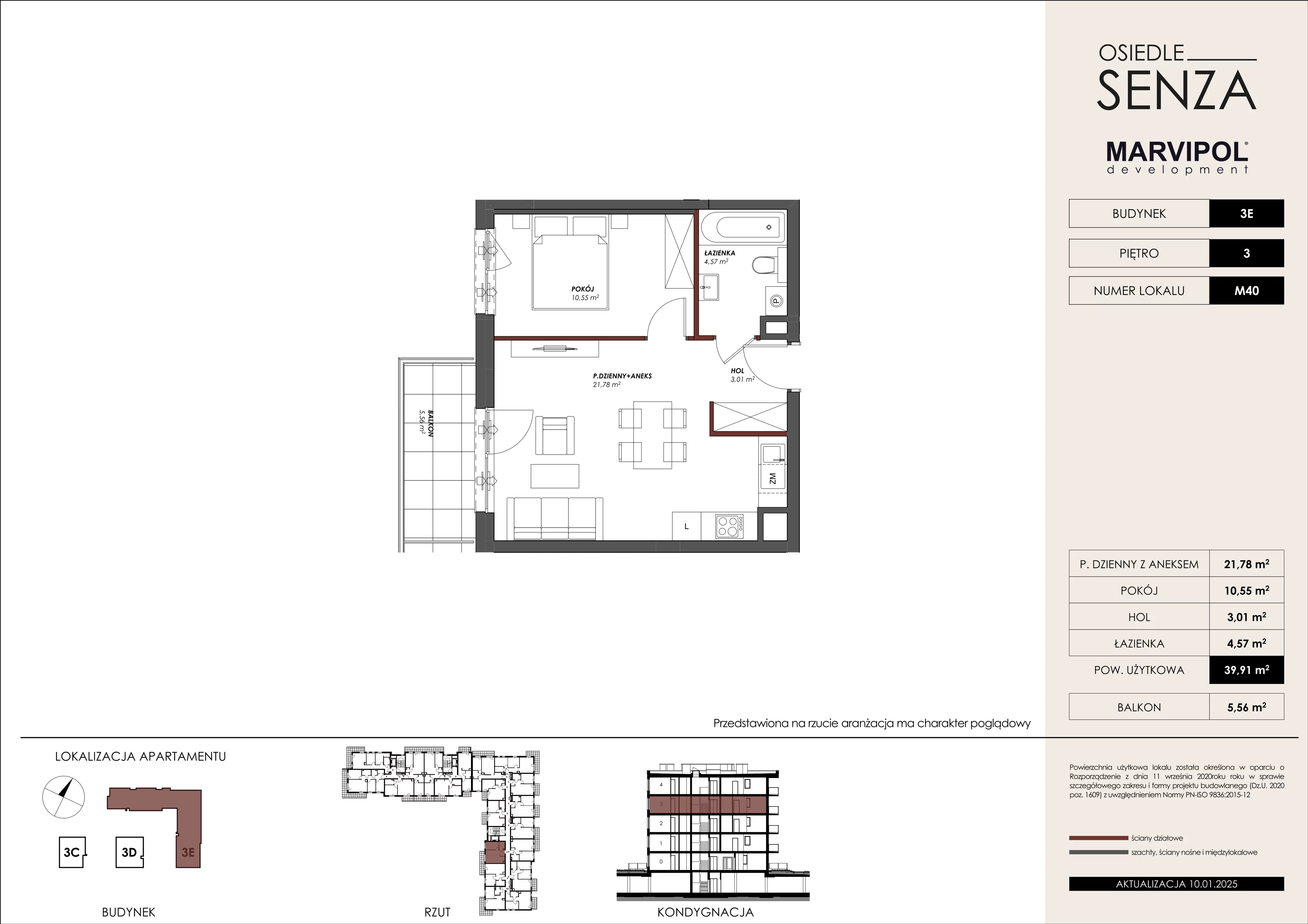 2 pokoje, mieszkanie 39,91 m², piętro 3, oferta nr 3E/M40, Osiedle Senza, Warszawa, Białołęka, Nowodwory, ul. Grzymalitów 3C, 3D, 3E