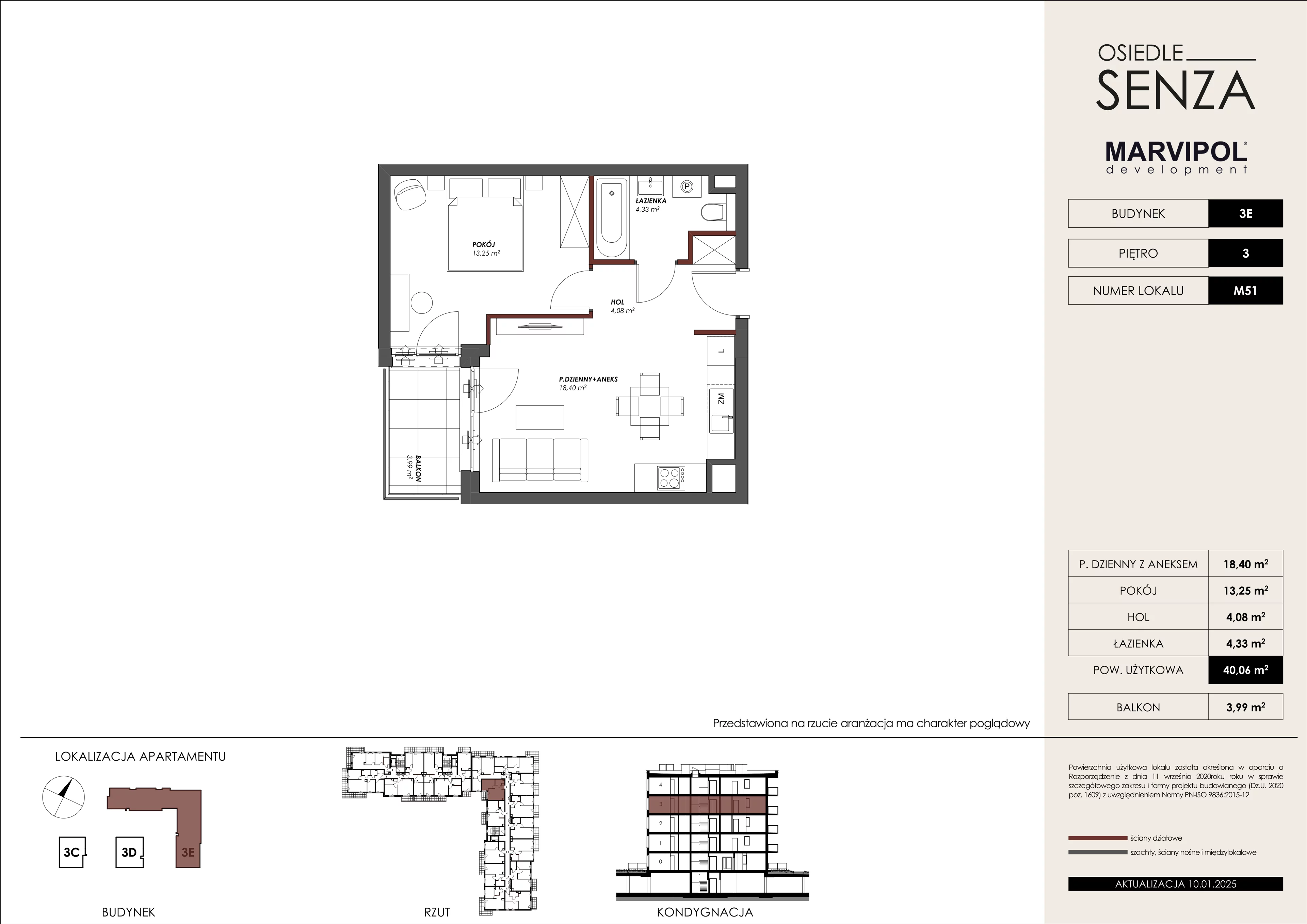 2 pokoje, mieszkanie 40,06 m², piętro 3, oferta nr 3E/M51, Osiedle Senza, Warszawa, Białołęka, Nowodwory, ul. Grzymalitów 3C, 3D, 3E