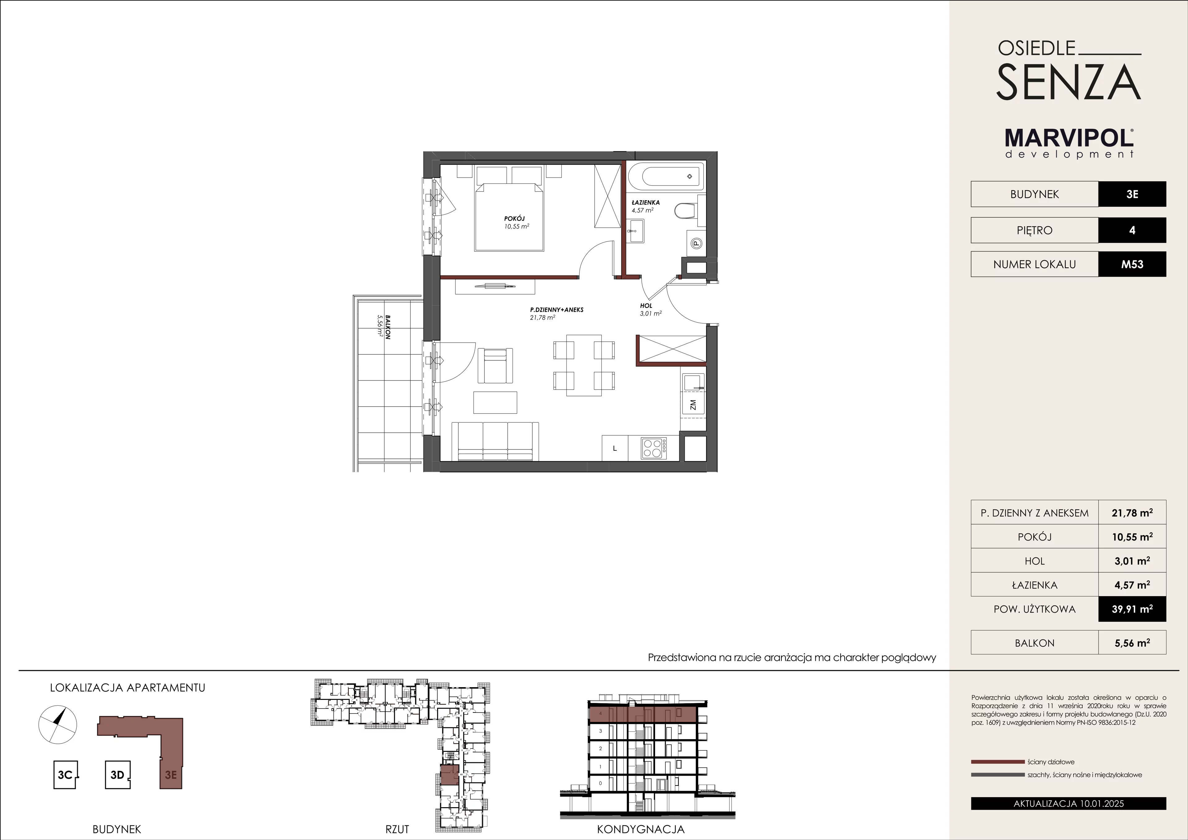 2 pokoje, mieszkanie 39,91 m², piętro 4, oferta nr 3E/M53, Osiedle Senza, Warszawa, Białołęka, Nowodwory, ul. Grzymalitów 3C, 3D, 3E