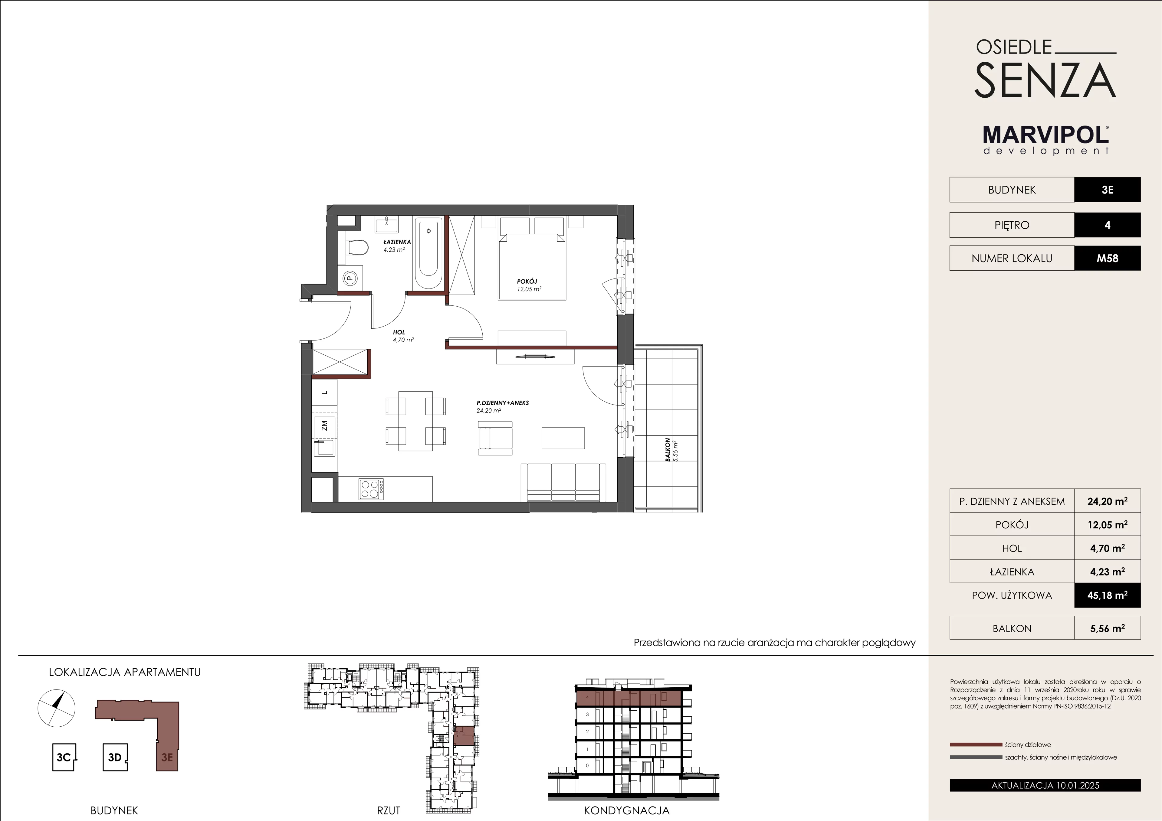 2 pokoje, mieszkanie 45,18 m², piętro 4, oferta nr 3E/M58, Osiedle Senza, Warszawa, Białołęka, Nowodwory, ul. Grzymalitów 3C, 3D, 3E