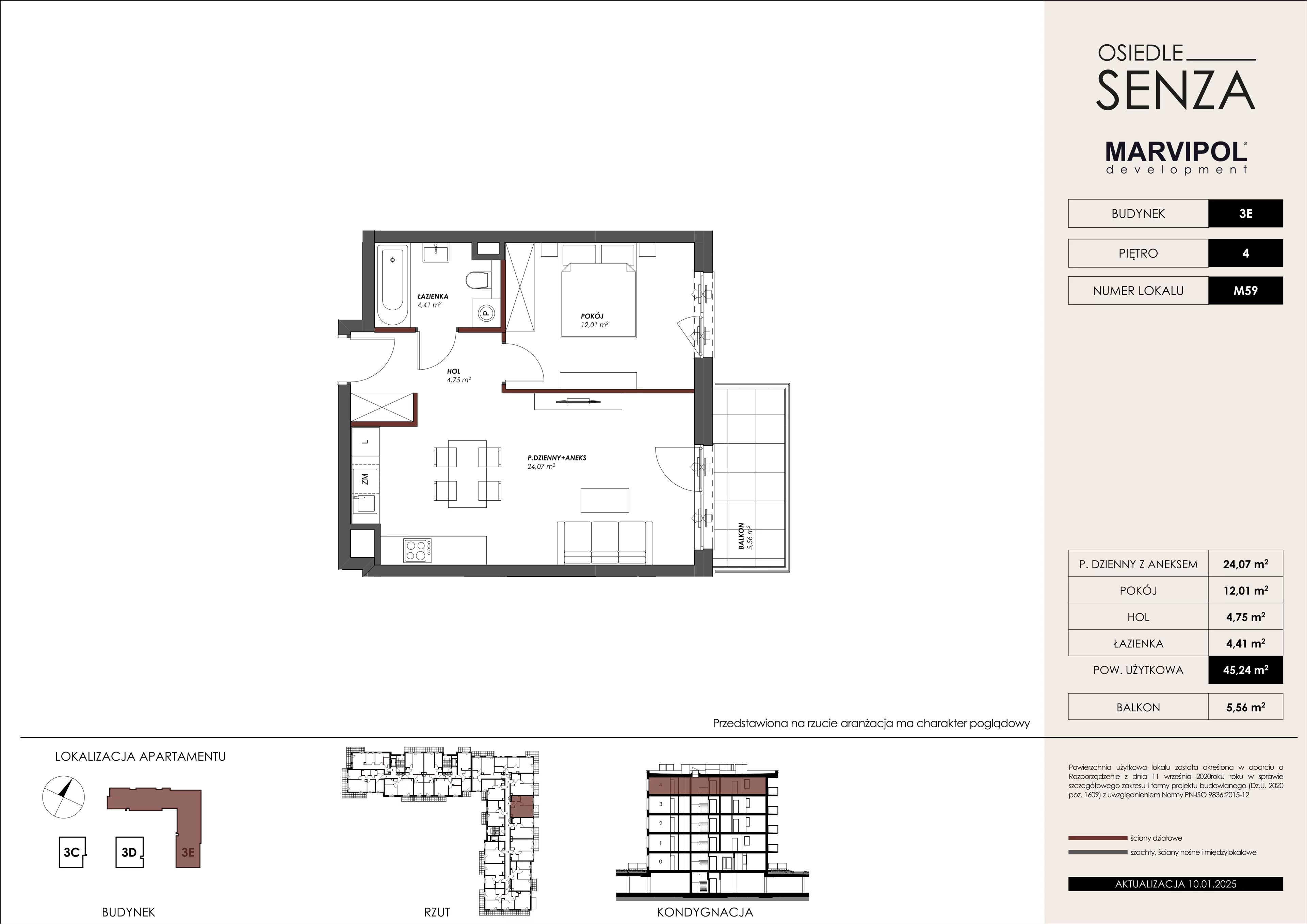 2 pokoje, mieszkanie 45,24 m², piętro 4, oferta nr 3E/M59, Osiedle Senza, Warszawa, Białołęka, Nowodwory, ul. Grzymalitów 3C, 3D, 3E