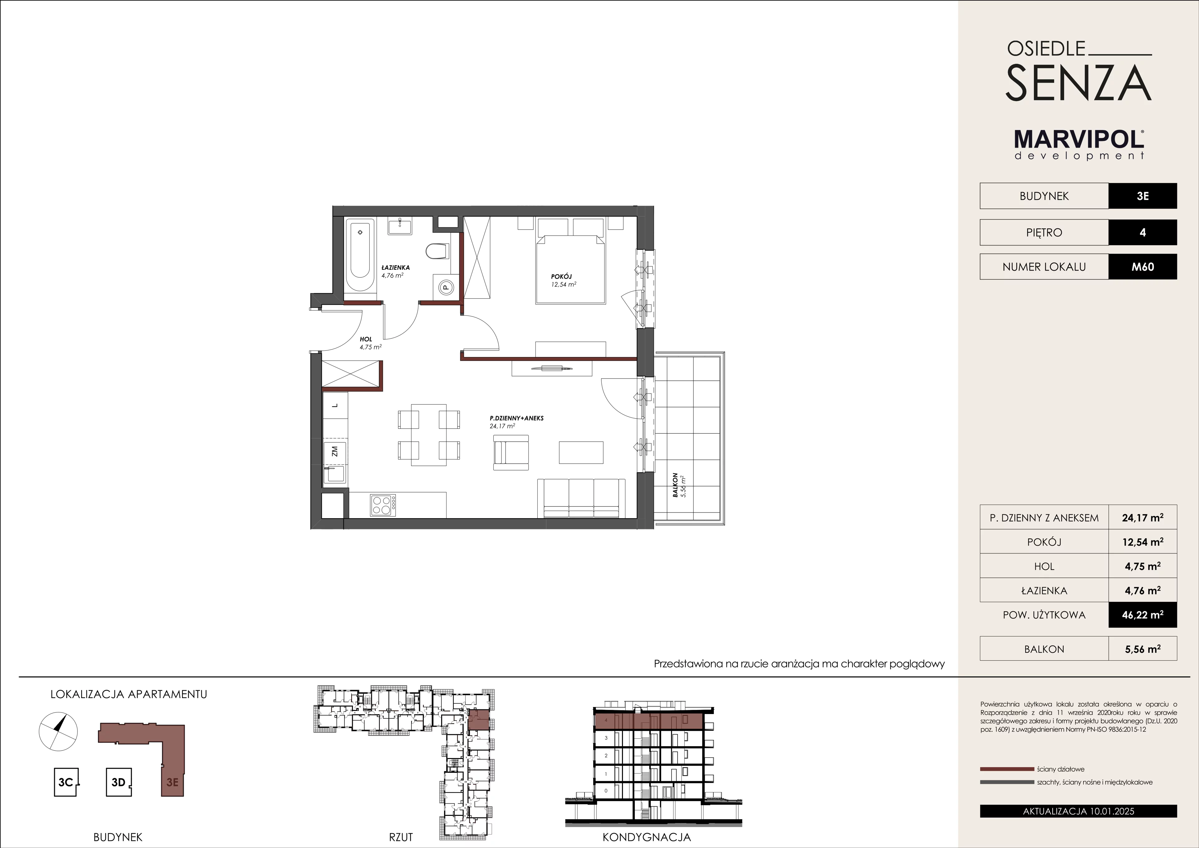 2 pokoje, mieszkanie 46,22 m², piętro 4, oferta nr 3E/M60, Osiedle Senza, Warszawa, Białołęka, Nowodwory, ul. Grzymalitów 3C, 3D, 3E