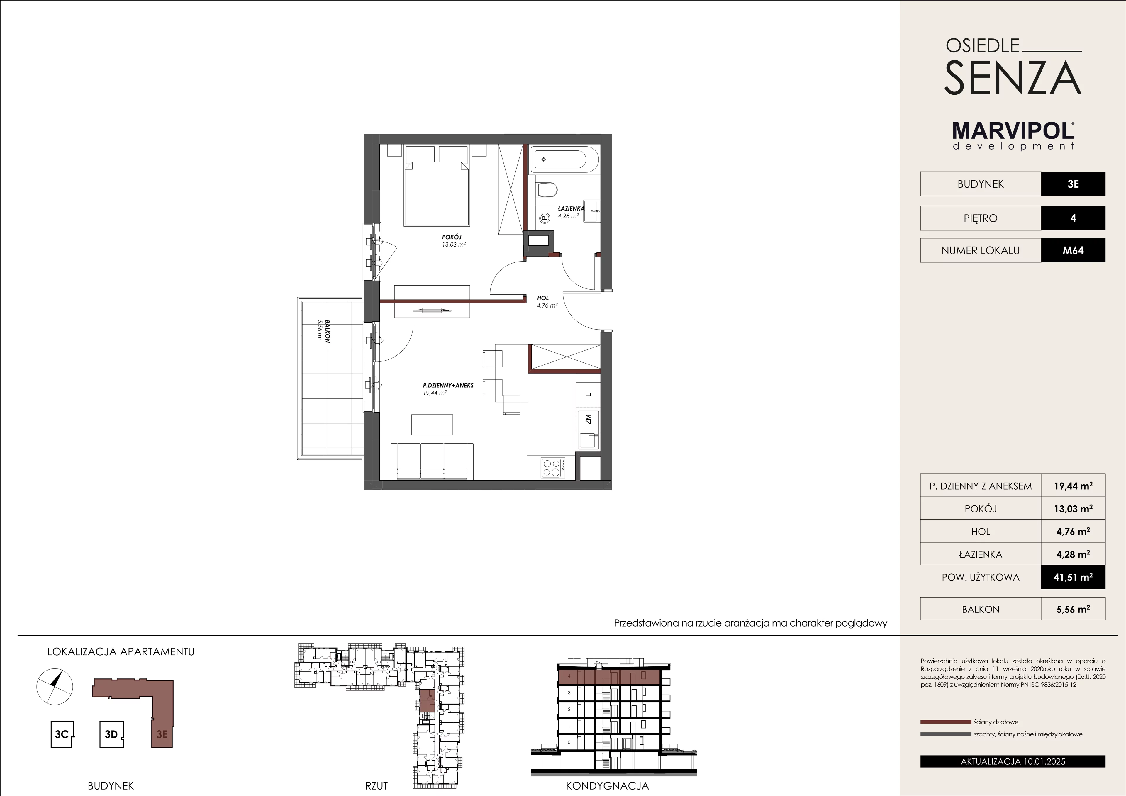 2 pokoje, mieszkanie 41,51 m², piętro 4, oferta nr 3E/M64, Osiedle Senza, Warszawa, Białołęka, Nowodwory, ul. Grzymalitów 3C, 3D, 3E