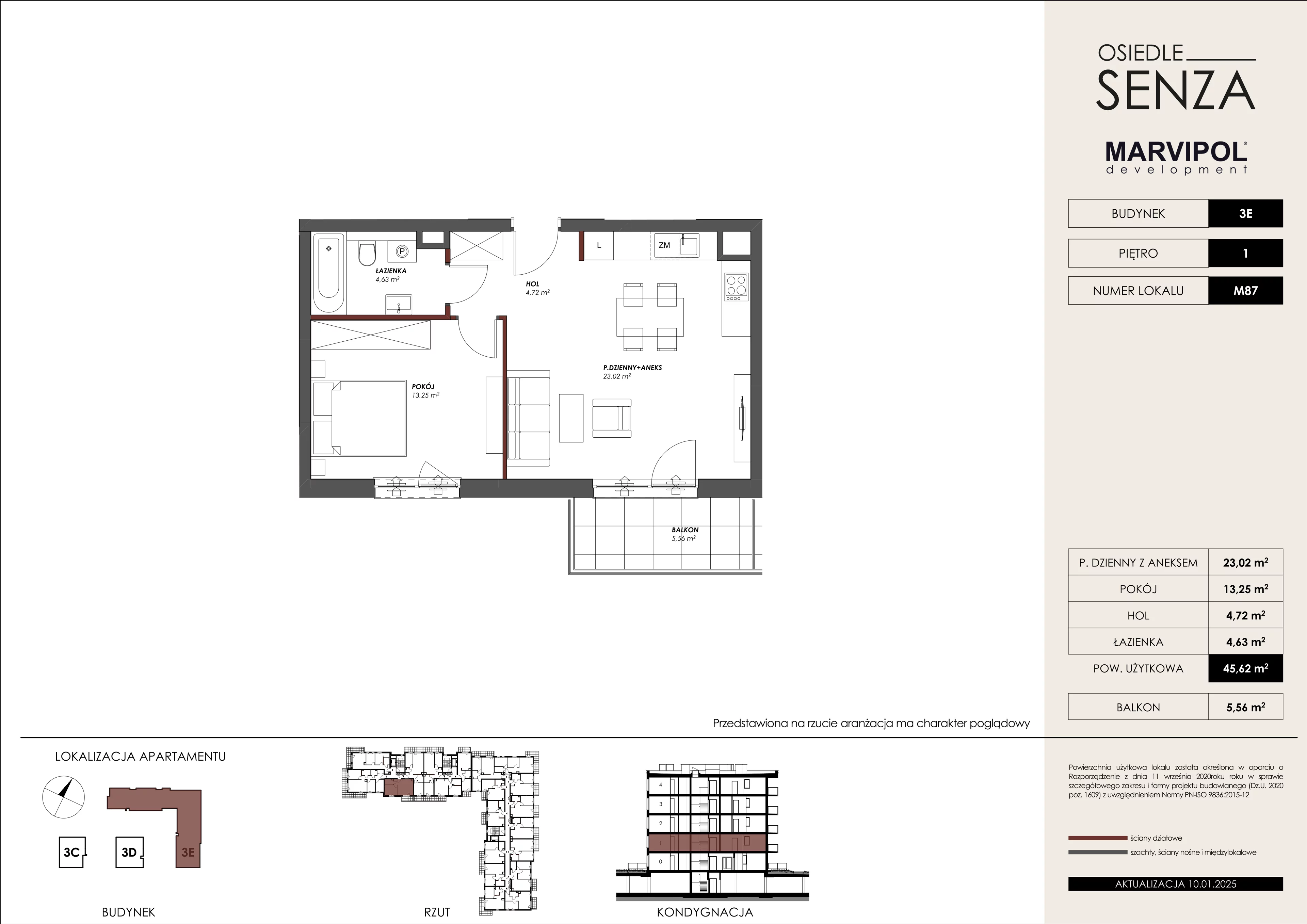2 pokoje, mieszkanie 45,62 m², piętro 1, oferta nr 3E/M87, Osiedle Senza, Warszawa, Białołęka, Nowodwory, ul. Grzymalitów 3C, 3D, 3E
